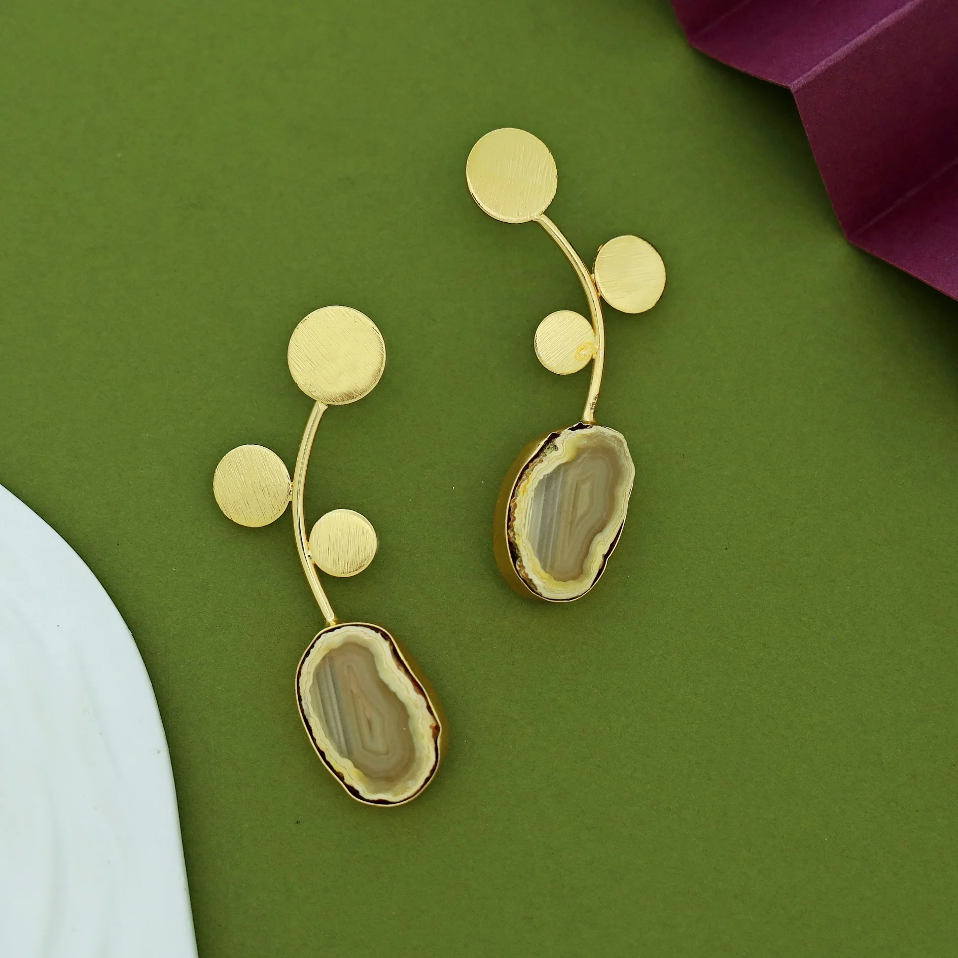 Ella Textured Tri Circle Leaf Agate Earring - Image 6
