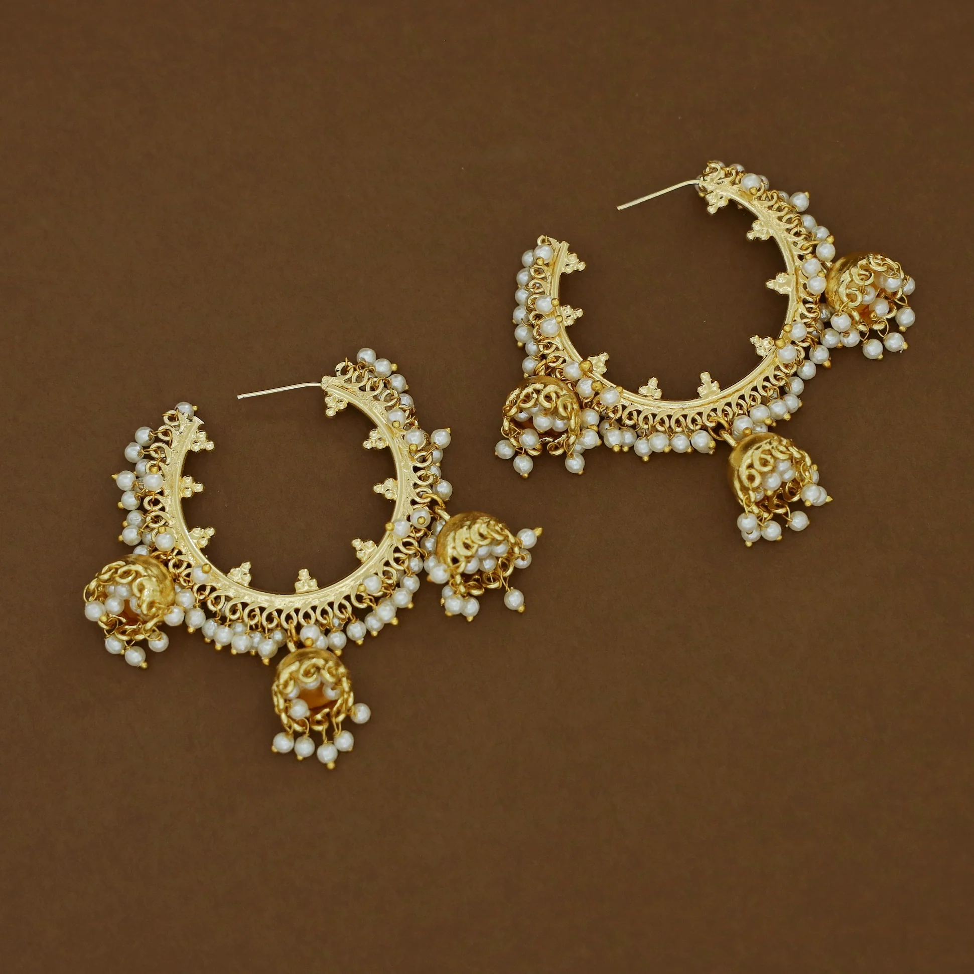 Emery Golden Cluster Pearl Tri Jhumka Hoop - Image 2