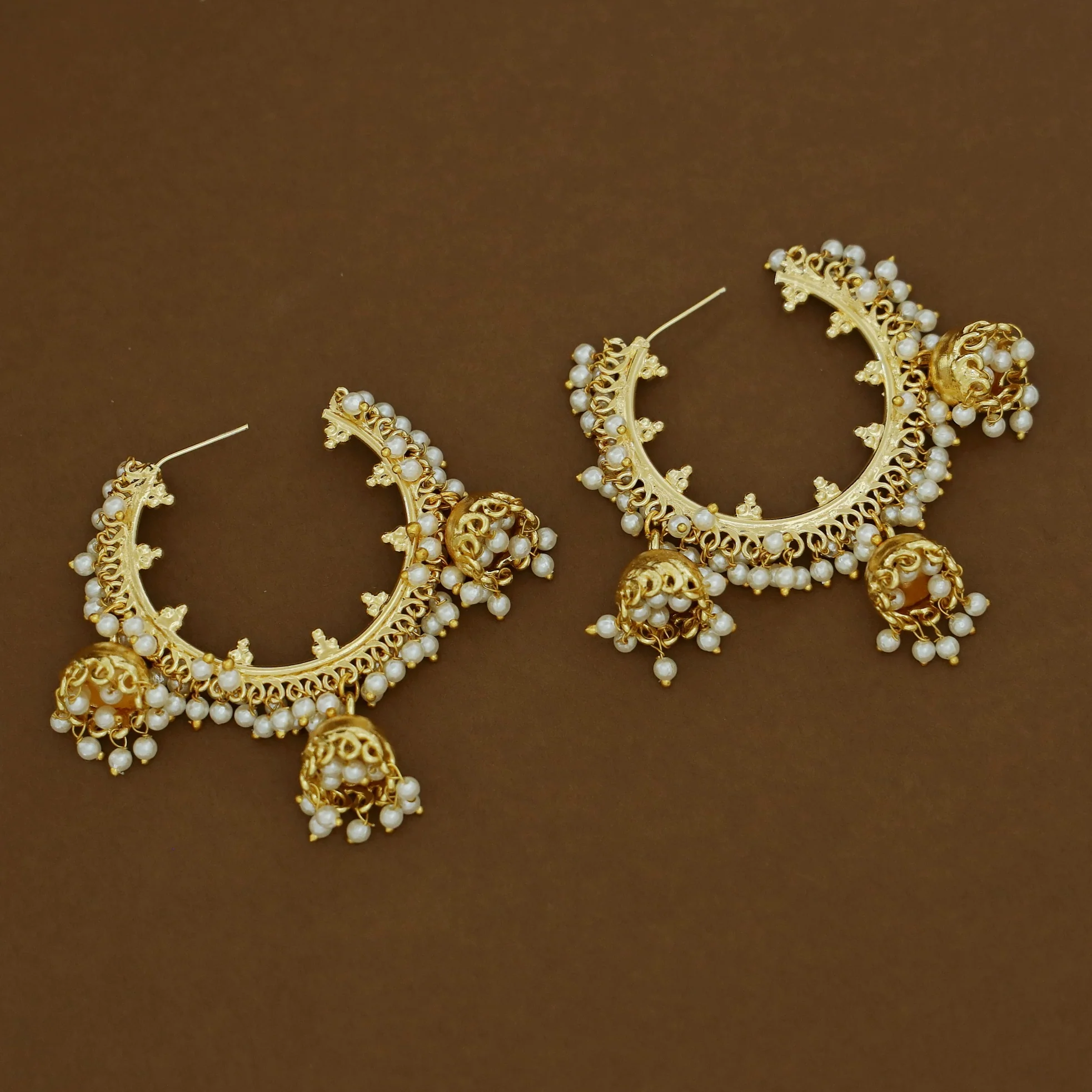 Emery Golden Cluster Pearl Tri Jhumka Hoop - Image 3