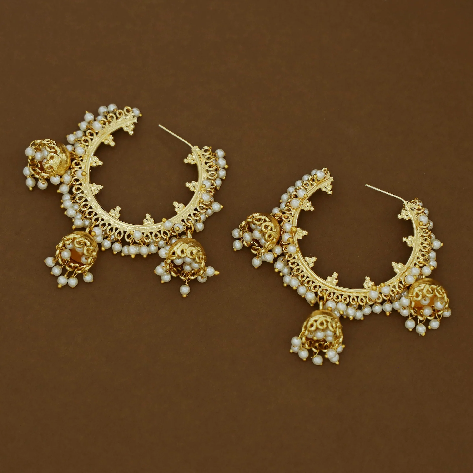 Emery Golden Cluster Pearl Tri Jhumka Hoop - Image 4