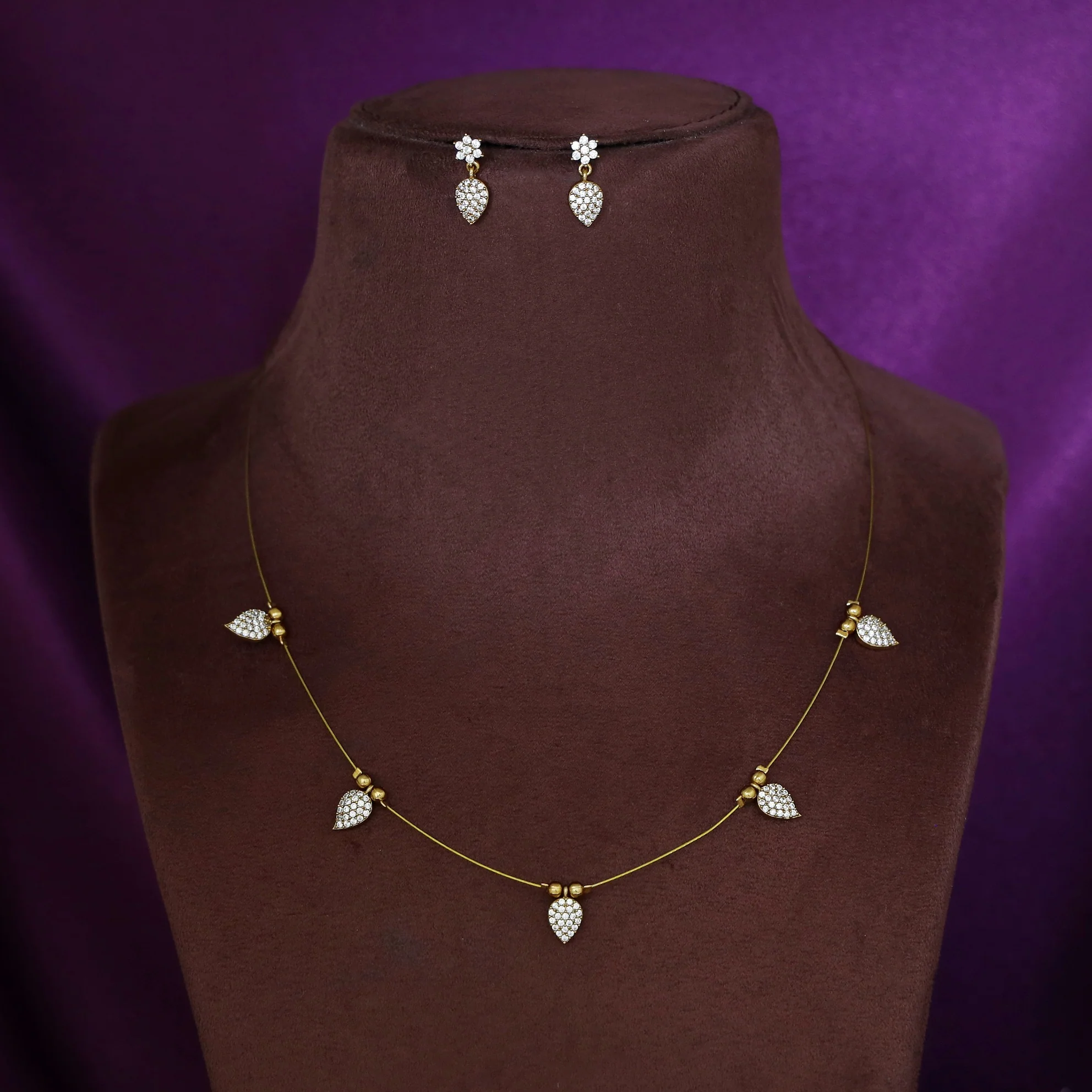 Eshania AD Stone Leafy Drop String Neckpiece With Earring - Image 3