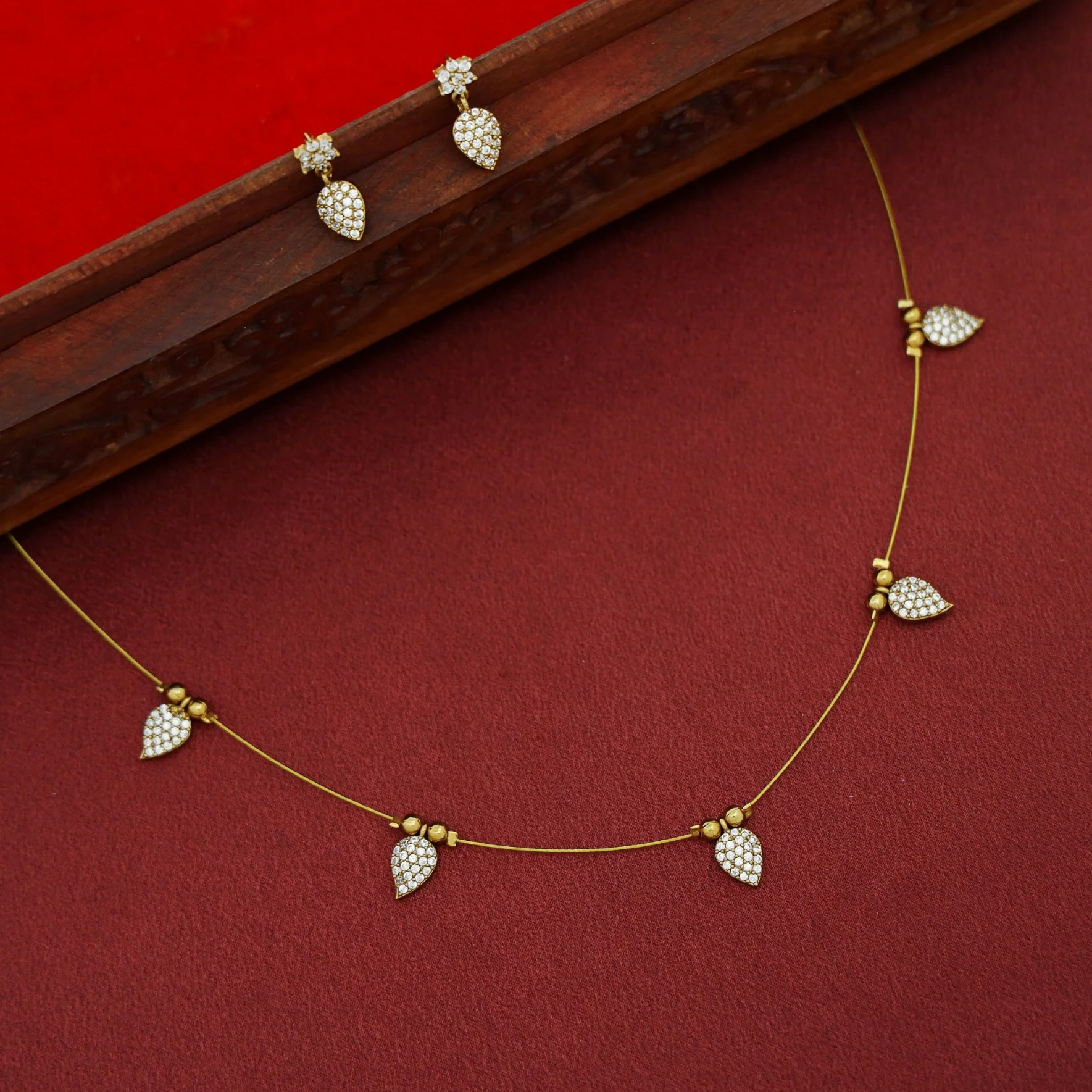 Eshania AD Stone Leafy Drop String Neckpiece With Earring - Image 4
