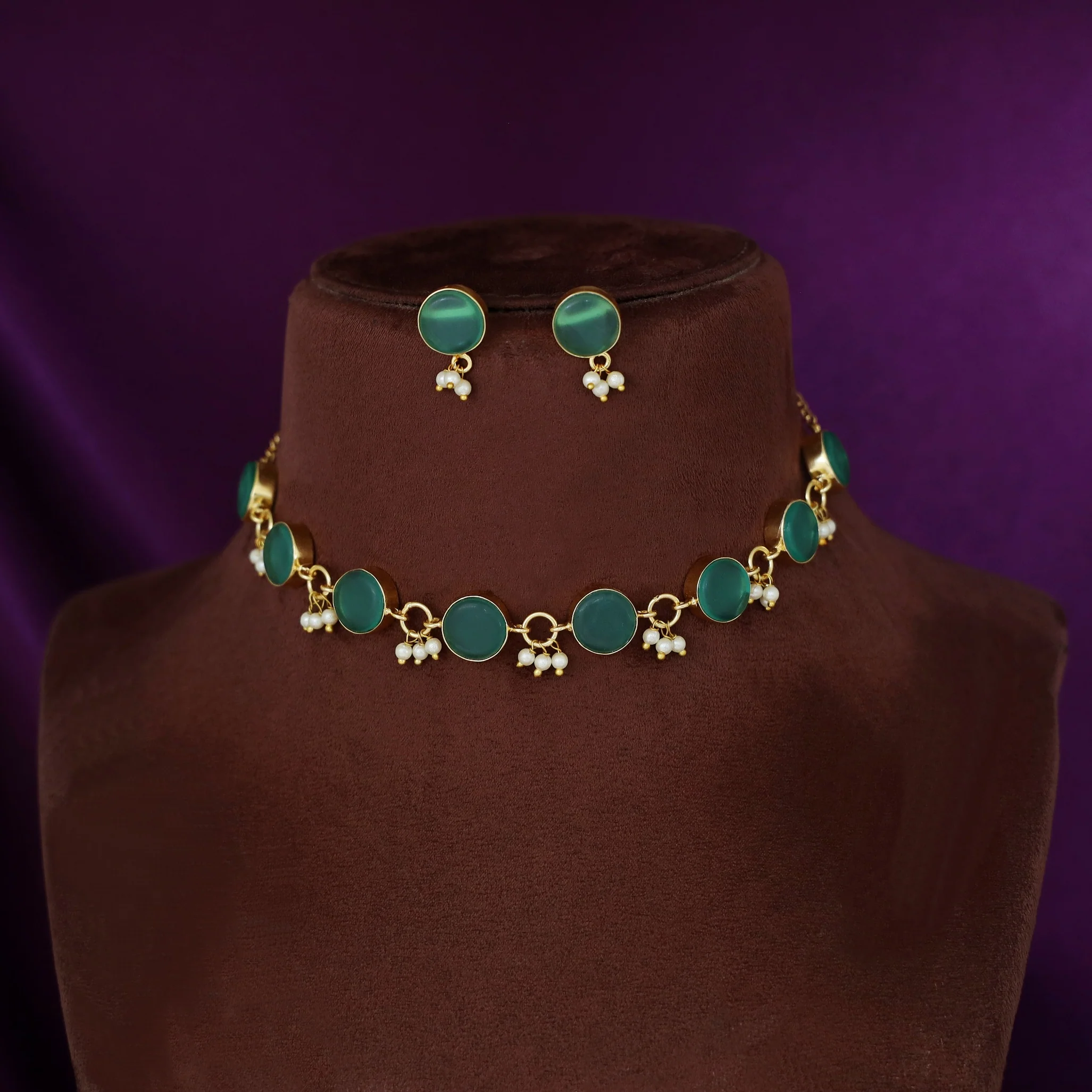 Eudor Round Raw Stone Pearl Short Neckpiece/Choker With Earring - Image 11