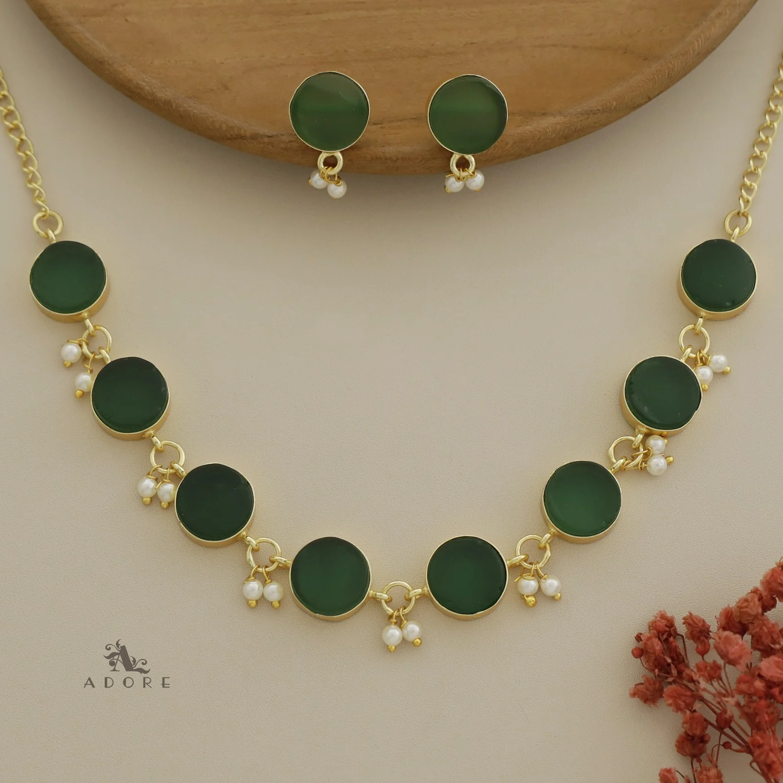 Eudor Round Raw Stone Pearl Short Neckpiece/Choker With Earring - Image 15