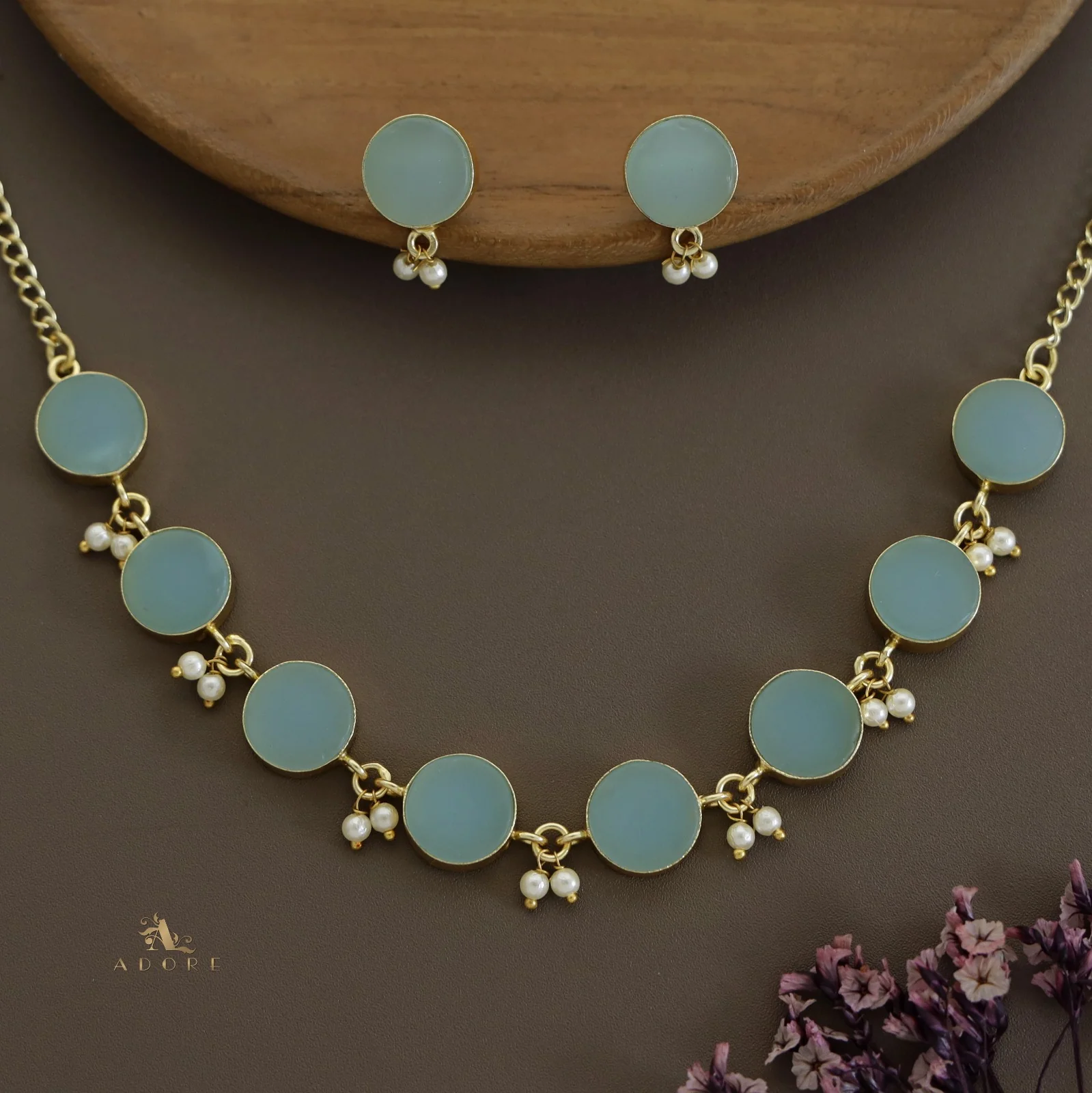Eudor Round Raw Stone Pearl Short Neckpiece/Choker With Earring - Image 17