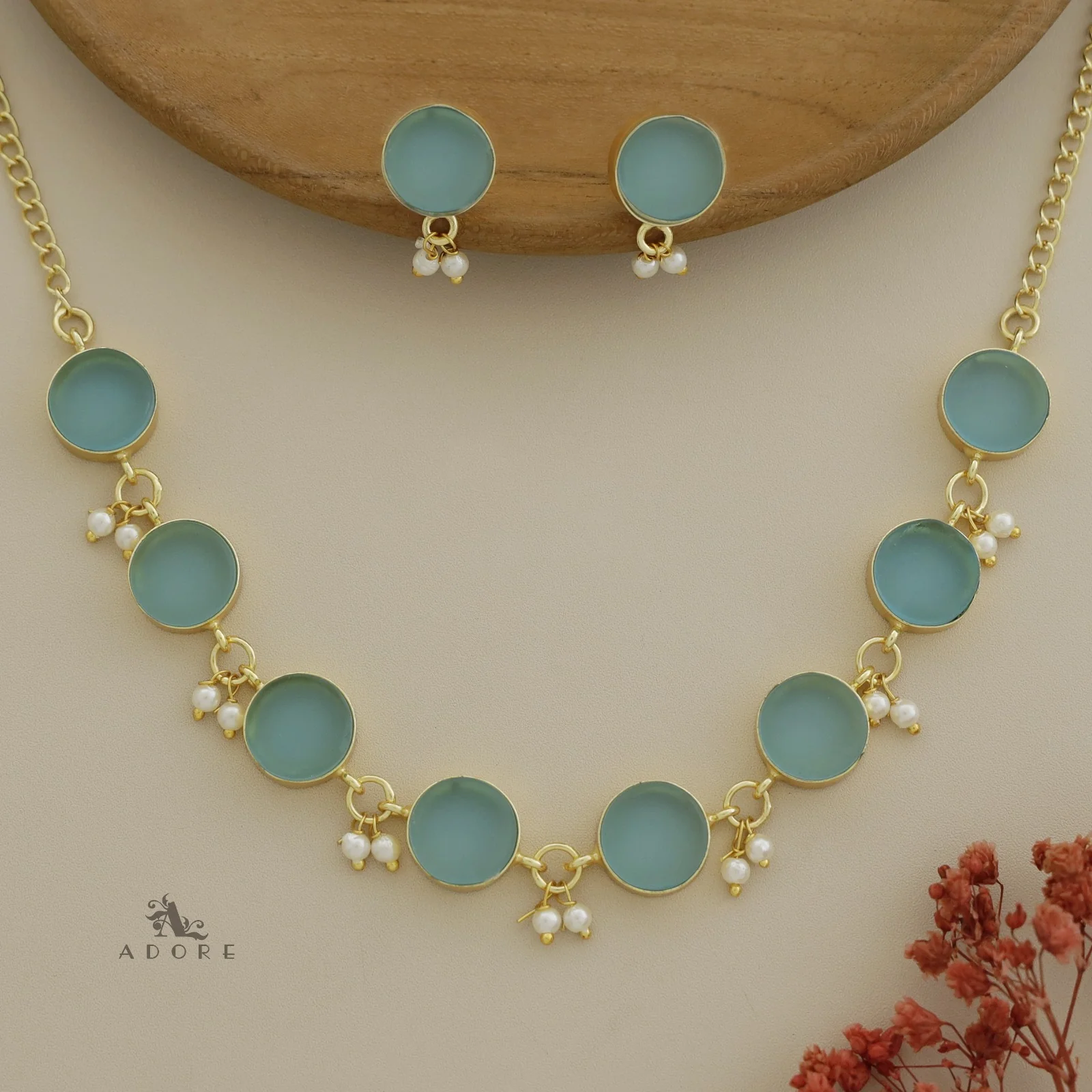 Eudor Round Raw Stone Pearl Short Neckpiece/Choker With Earring - Image 19