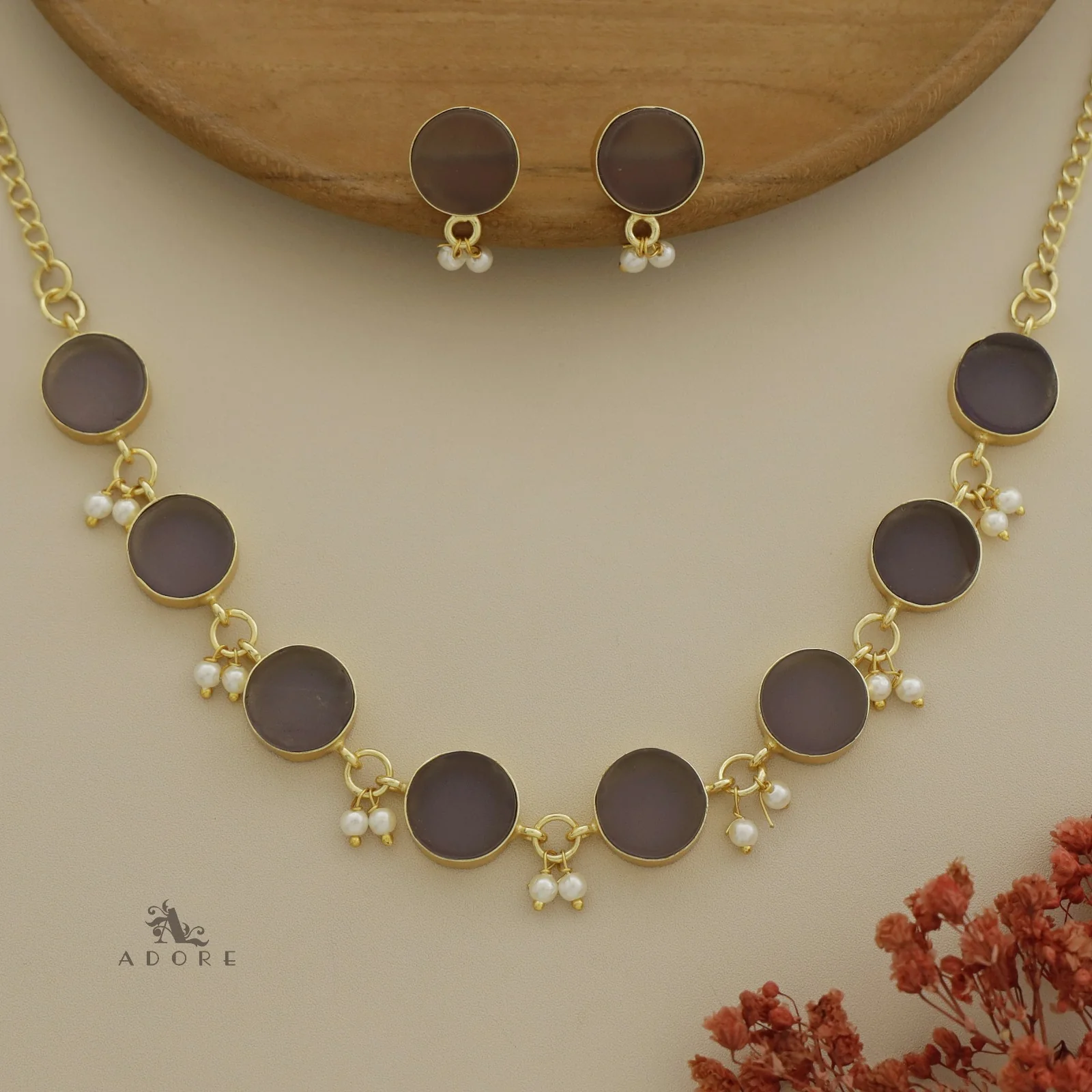 Eudor Round Raw Stone Pearl Short Neckpiece/Choker With Earring - Image 22