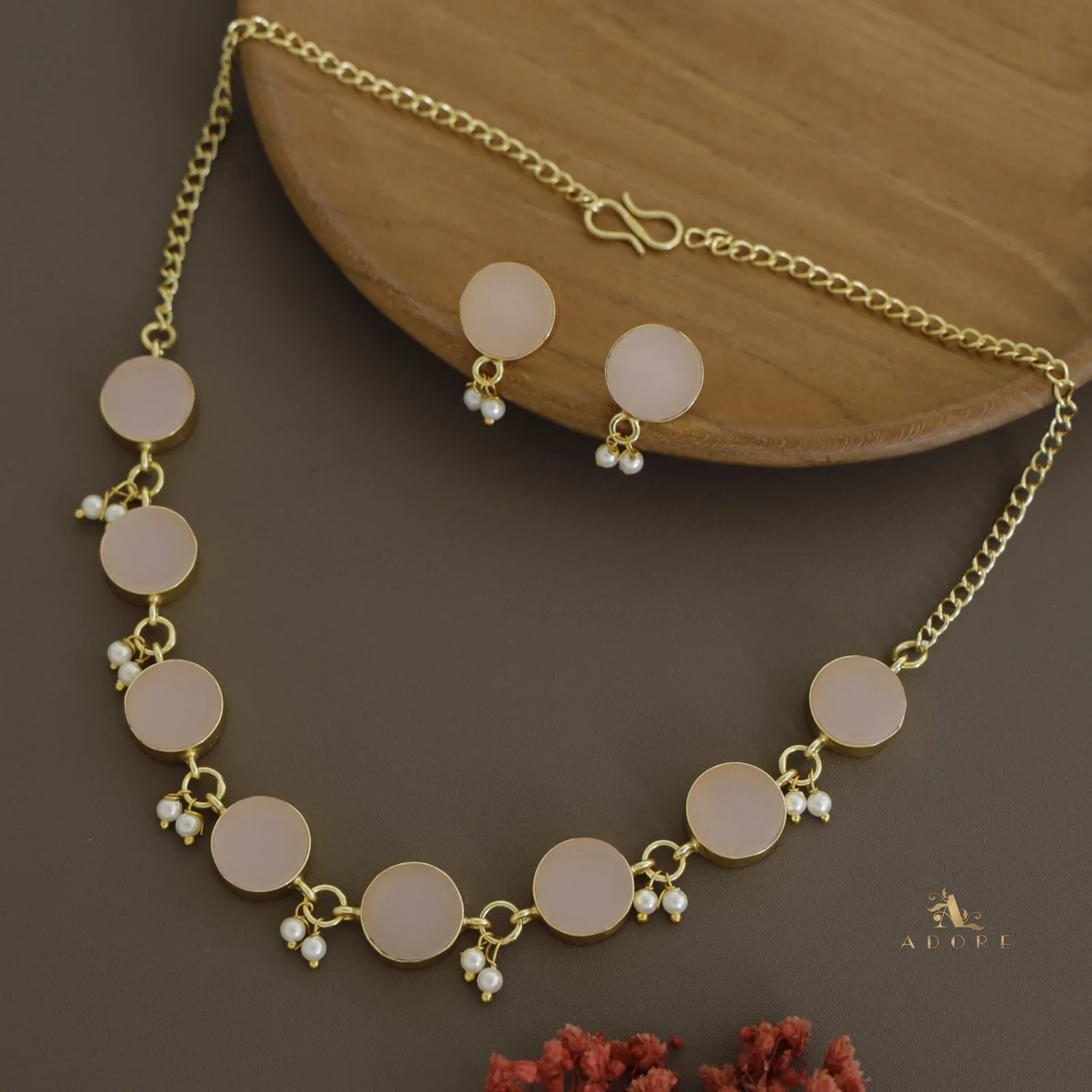 Eudor Round Raw Stone Pearl Short Neckpiece/Choker With Earring - Image 23
