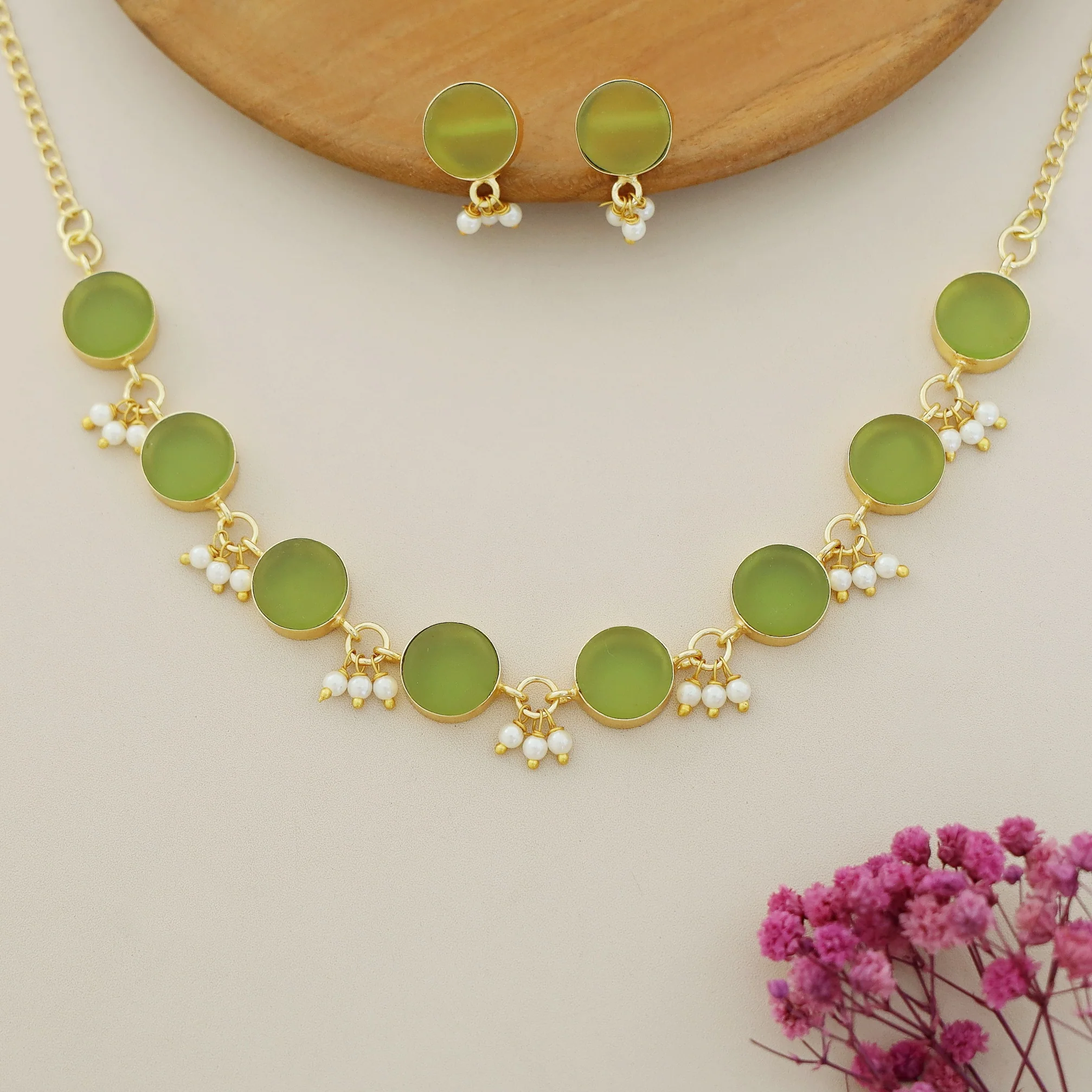 Eudor Round Raw Stone Pearl Short Neckpiece/Choker With Earring - Image 26