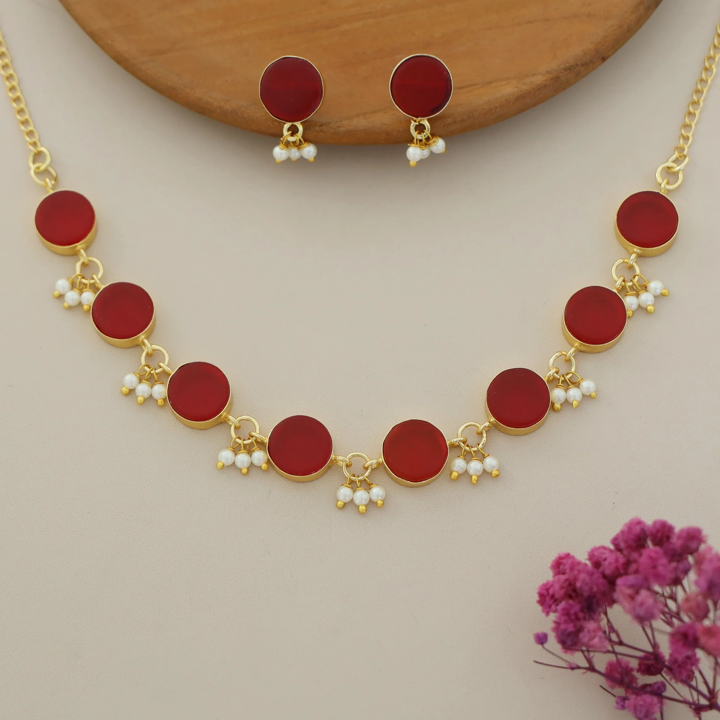 Eudor Round Raw Stone Pearl Short Neckpiece/Choker With Earring - Image 27