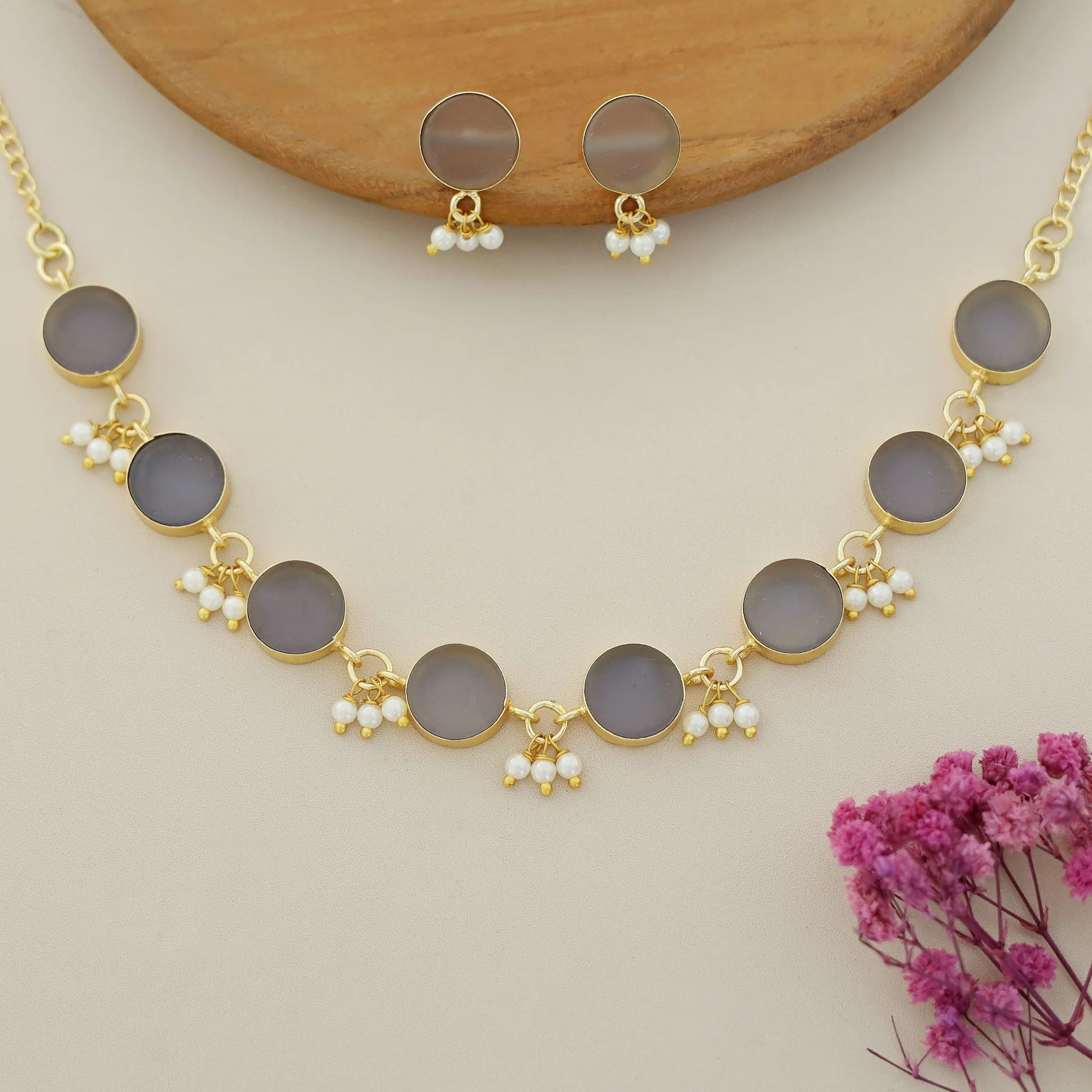 Eudor Round Raw Stone Pearl Short Neckpiece/Choker With Earring - Image 28