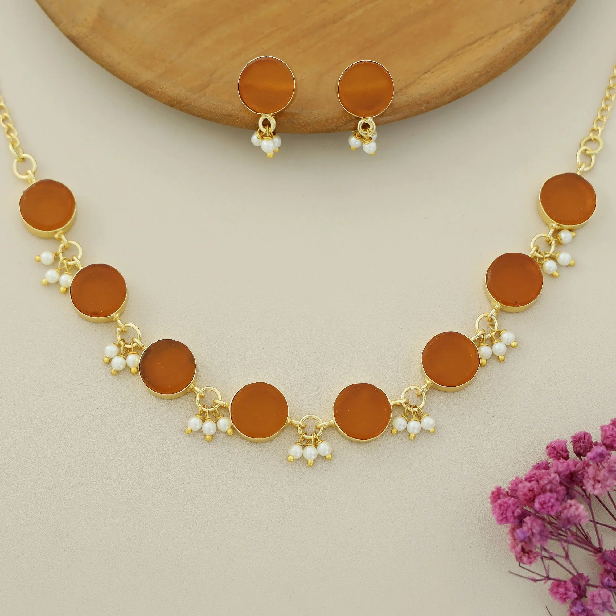 Eudor Round Raw Stone Pearl Short Neckpiece/Choker With Earring - Image 29