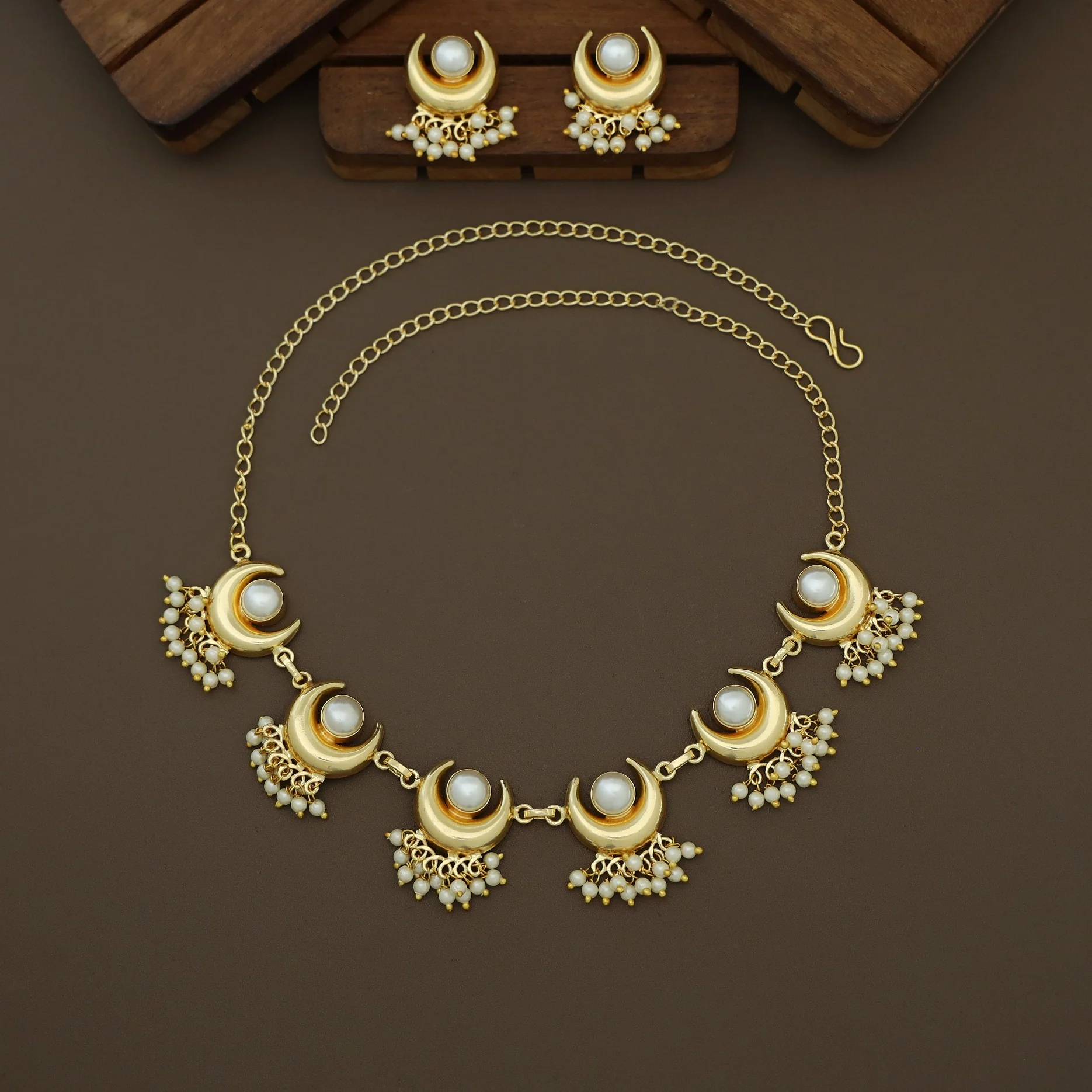Faloni Golden Half Moon Pearl Short Neckpiece With Earring - Image 3
