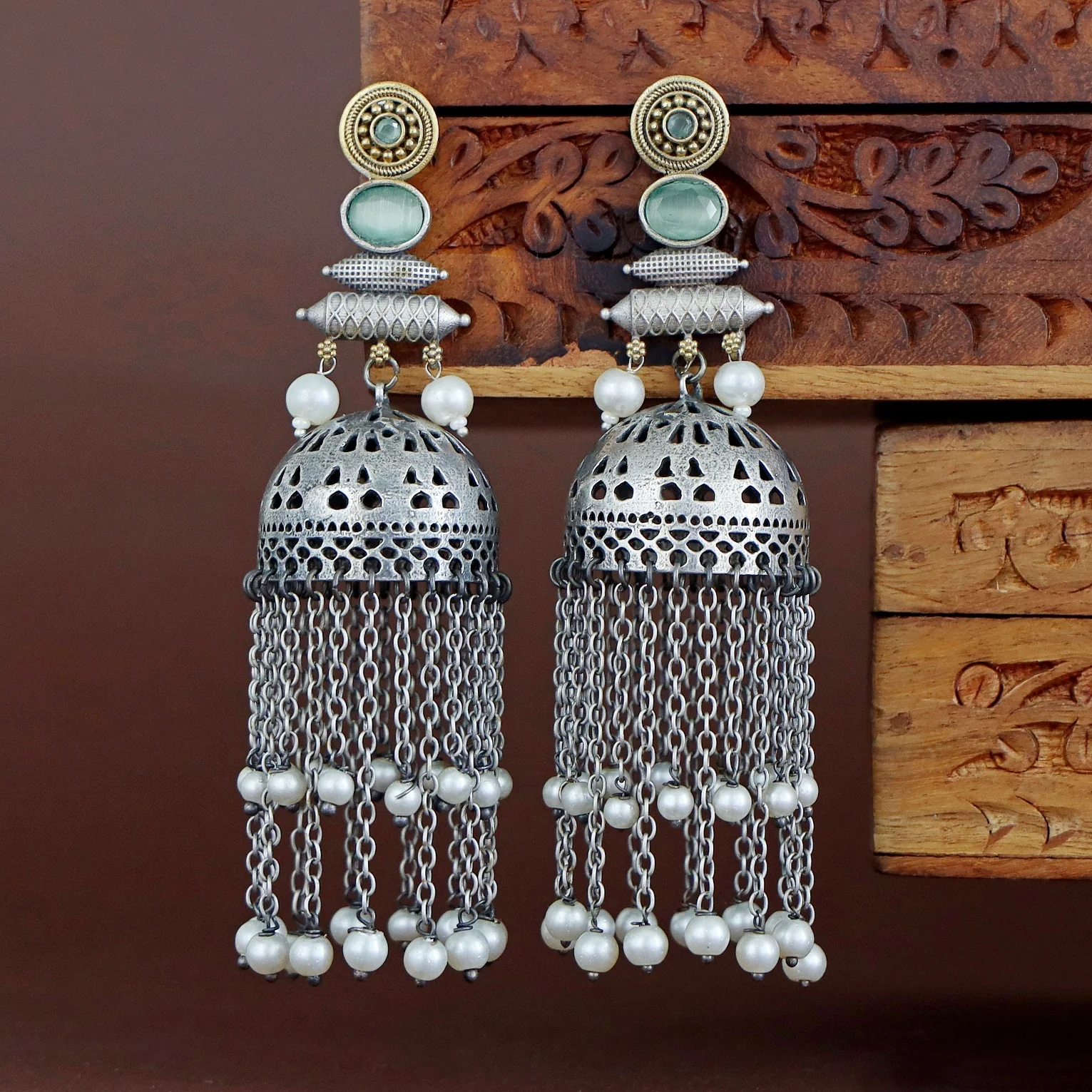 Fayena Dual Tone Hanging Pearl Jhumka - Image 3