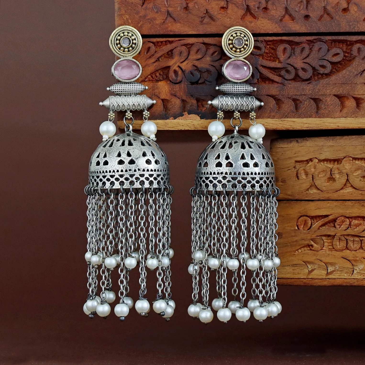 Fayena Dual Tone Hanging Pearl Jhumka - Image 4