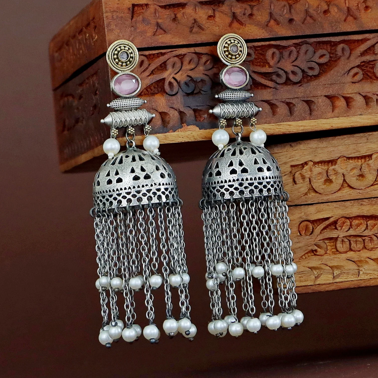 Fayena Dual Tone Hanging Pearl Jhumka - Image 5