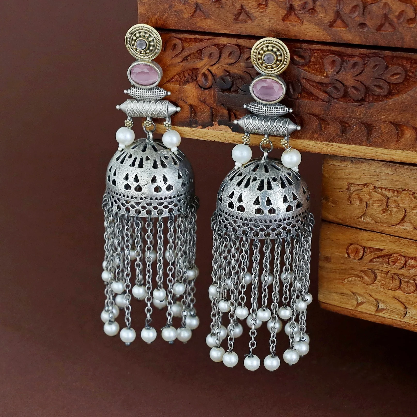 Fayena Dual Tone Hanging Pearl Jhumka - Image 6