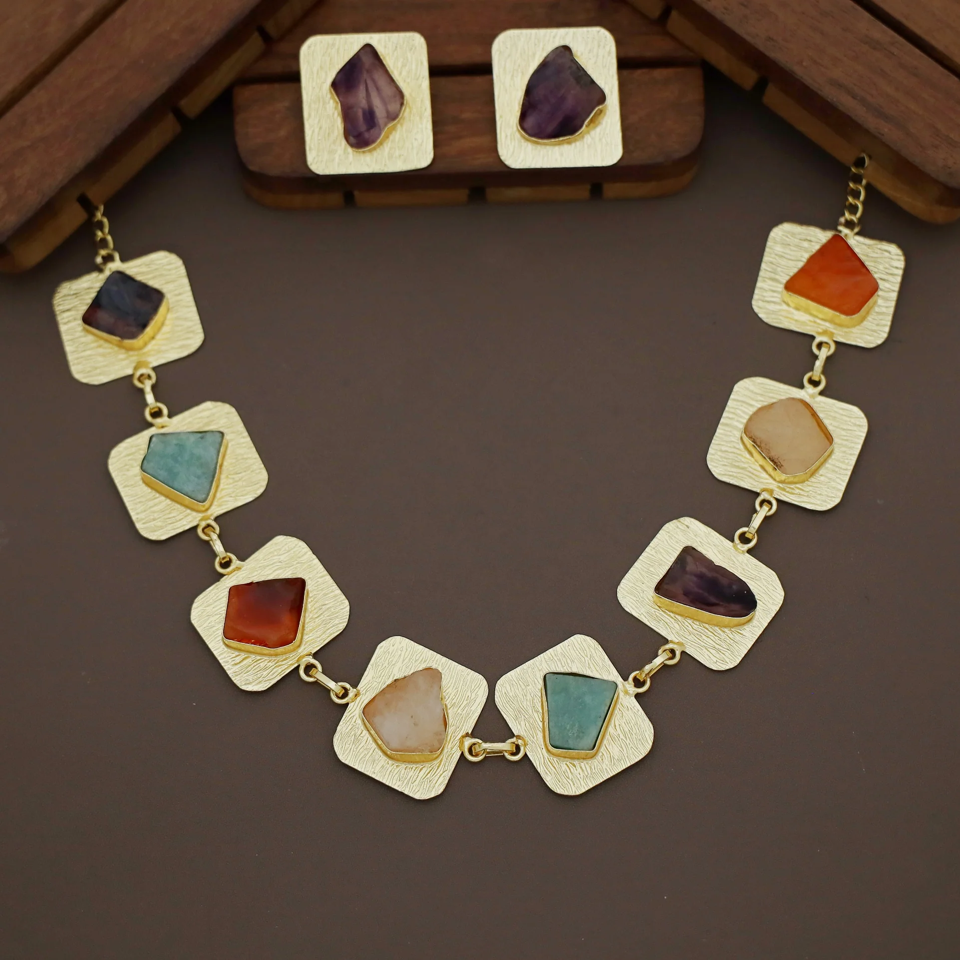 Finora Golden Textured Square Raw Stone Short Neckpiece / Choker With Stud - Image 2