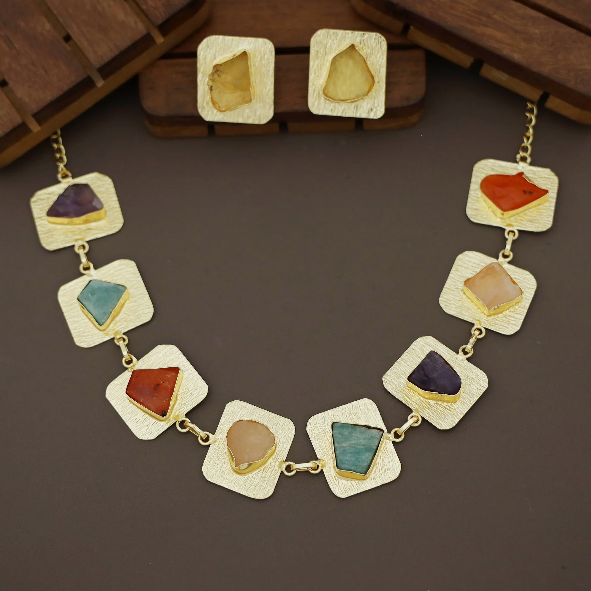 Finora Golden Textured Square Raw Stone Short Neckpiece / Choker With Stud - Image 7