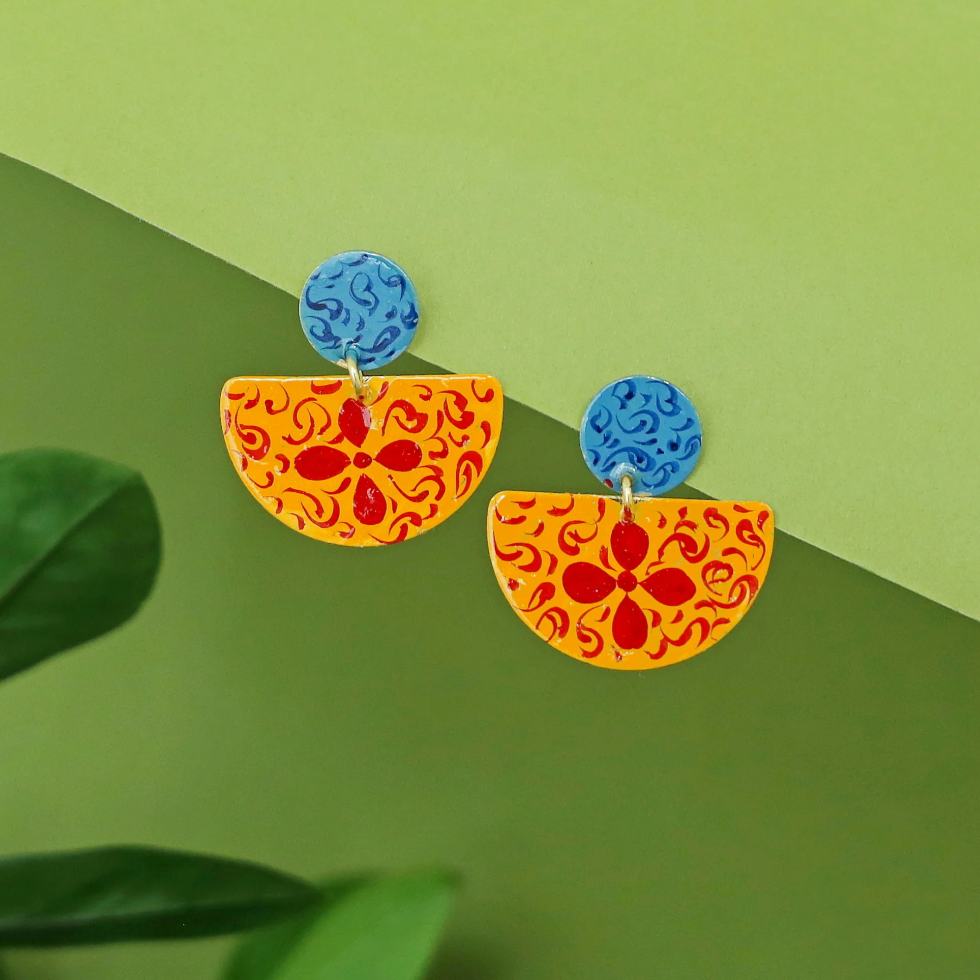 Floral Hand Painted Semi Circle Earring - Image 2