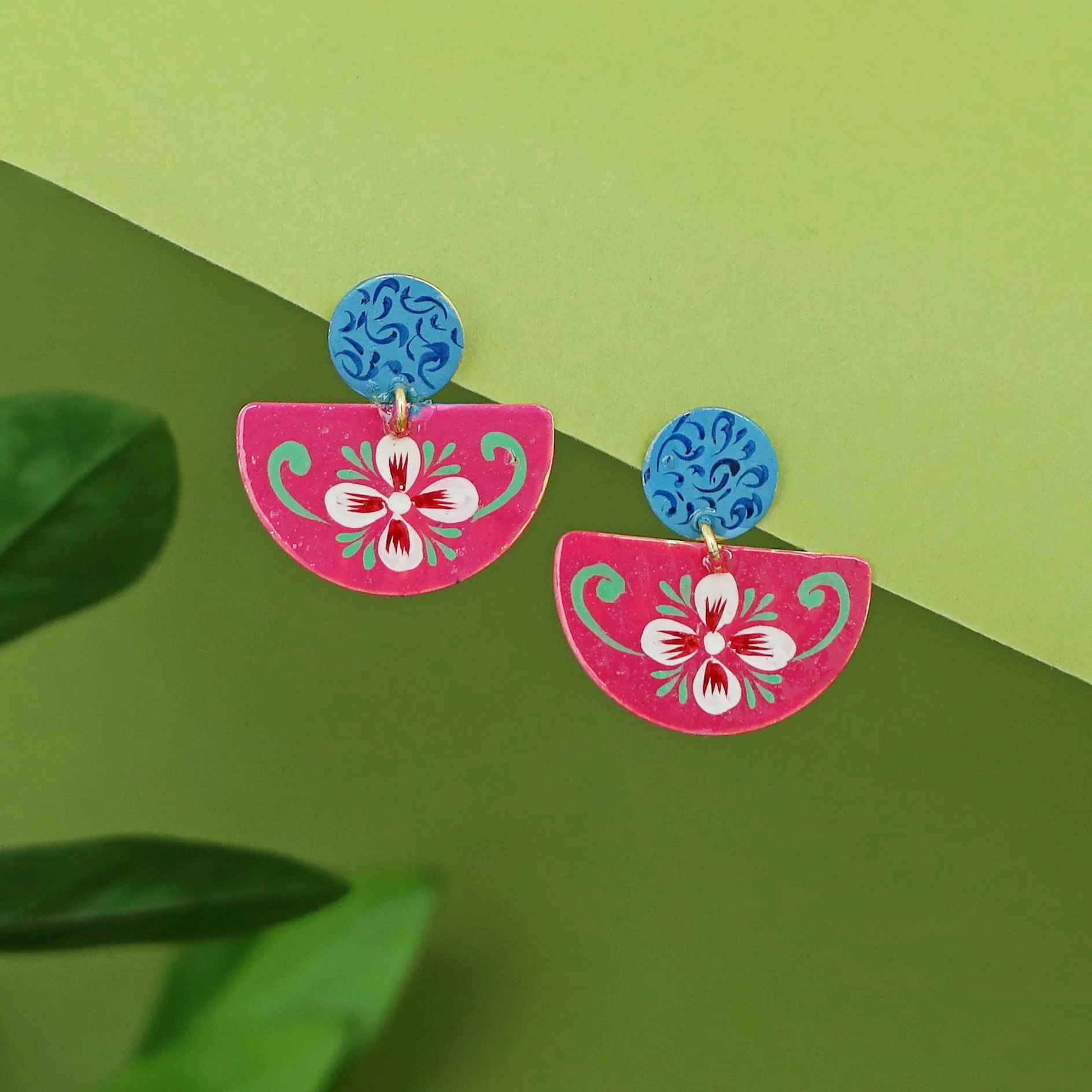 Floral Hand Painted Semi Circle Earring - Image 3