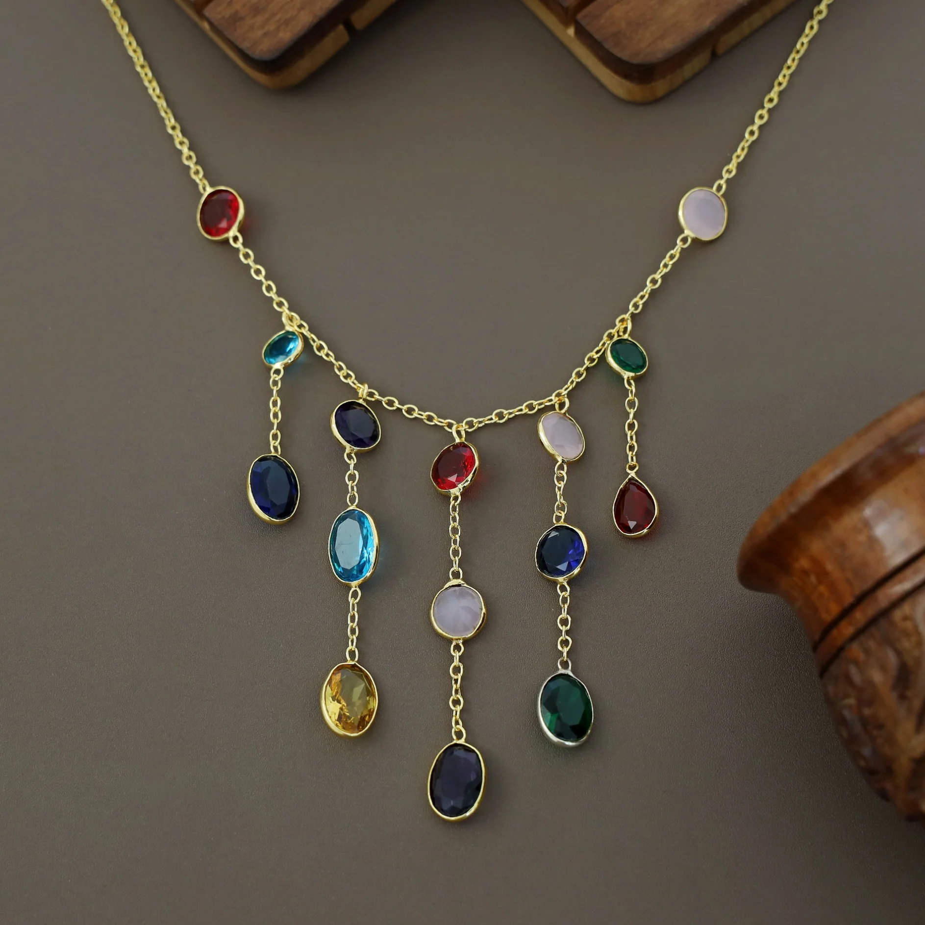 Freda Multicolour Hanging Glossy Stone Neckpiece - Image 10