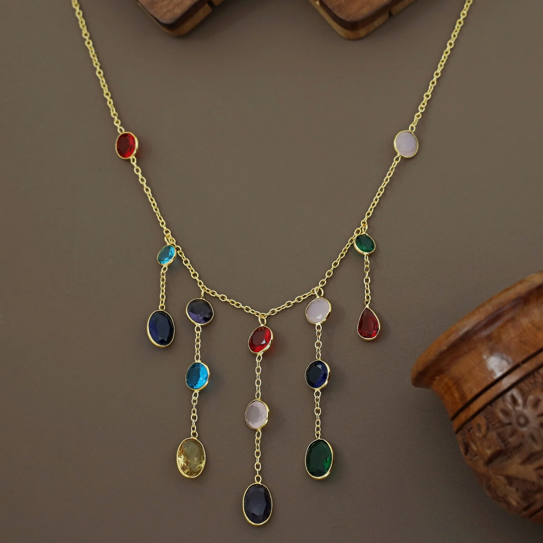 Freda Multicolour Hanging Glossy Stone Neckpiece - Image 2