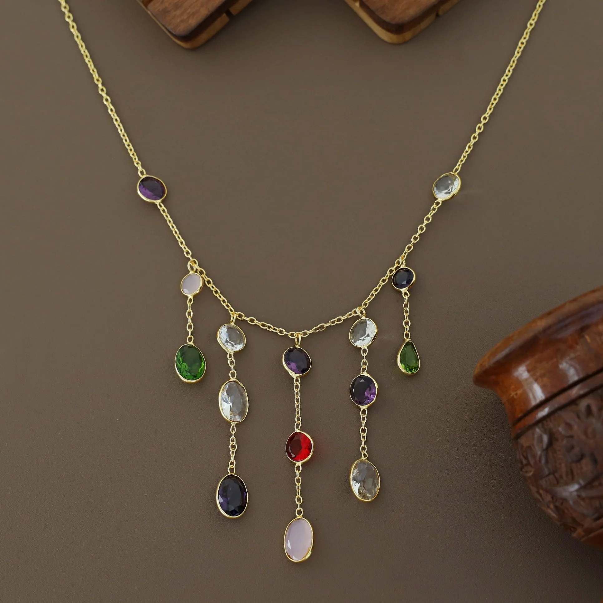 Freda Multicolour Hanging Glossy Stone Neckpiece - Image 3