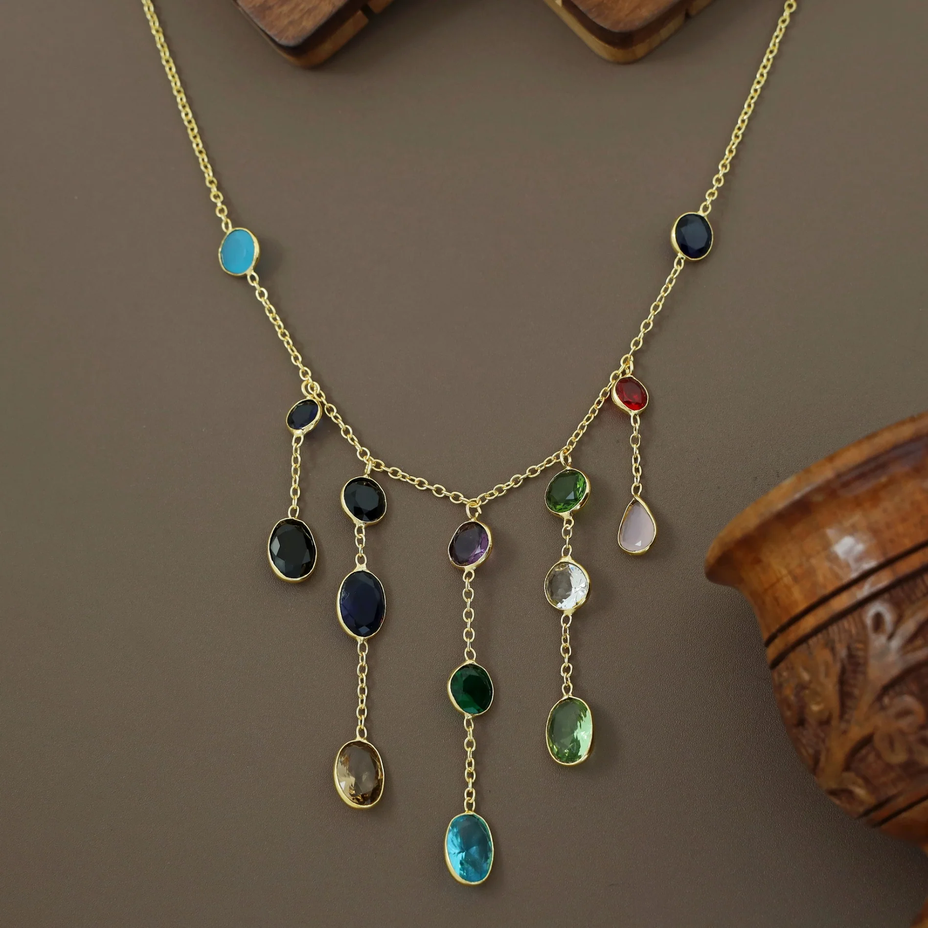 Freda Multicolour Hanging Glossy Stone Neckpiece - Image 4