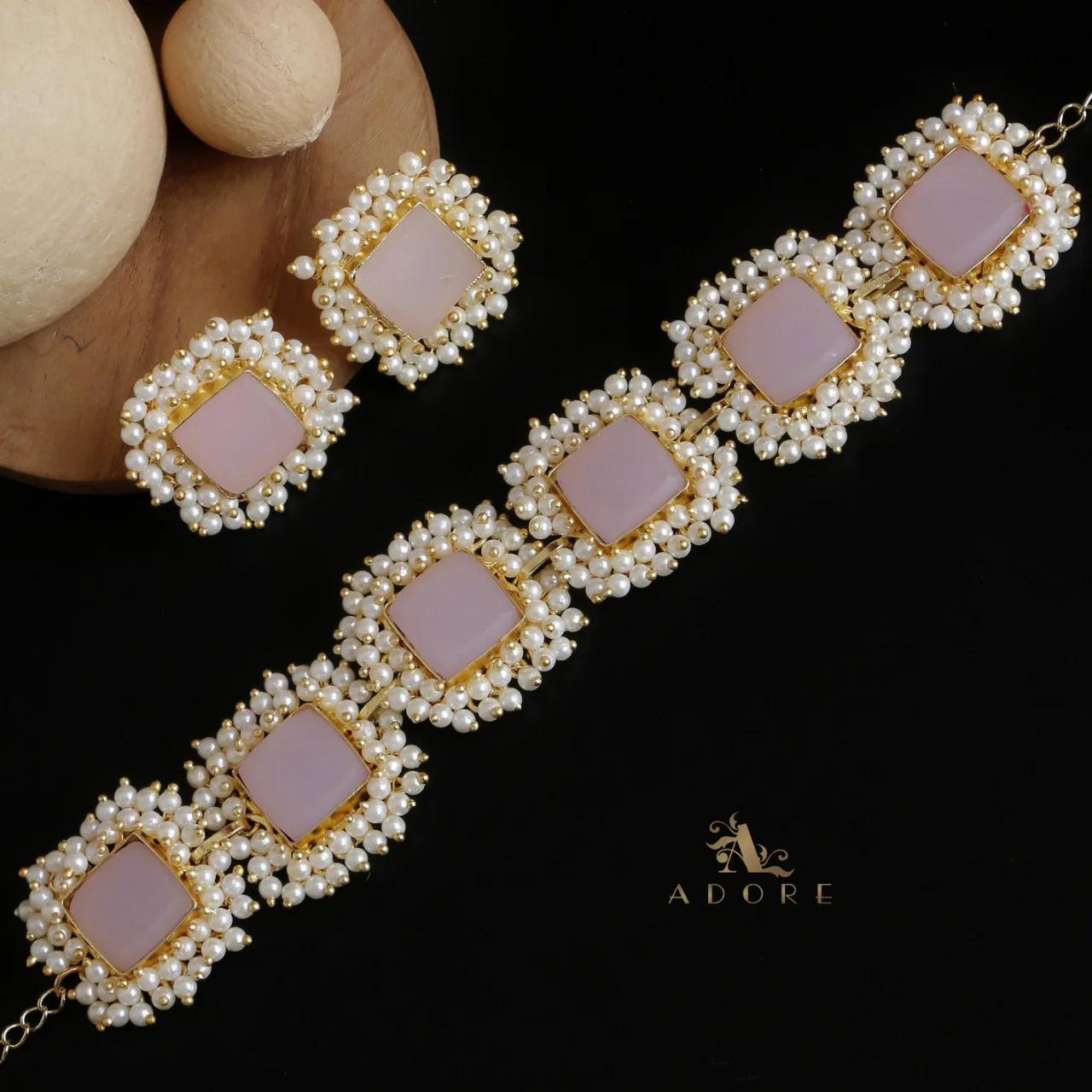 Full Pearl Square Choker With Earring - Image 29