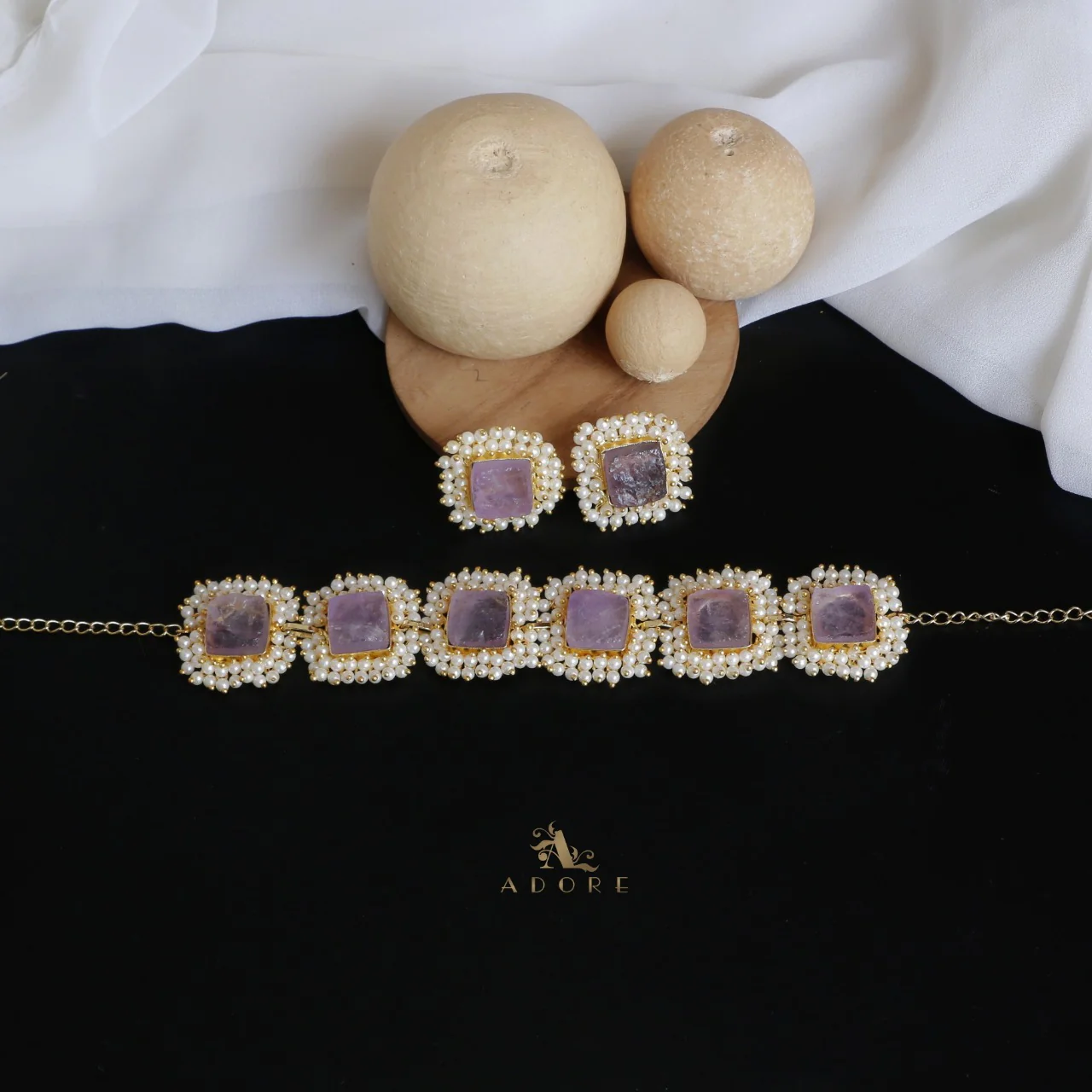 Full Pearl Square Choker With Earring - Image 30