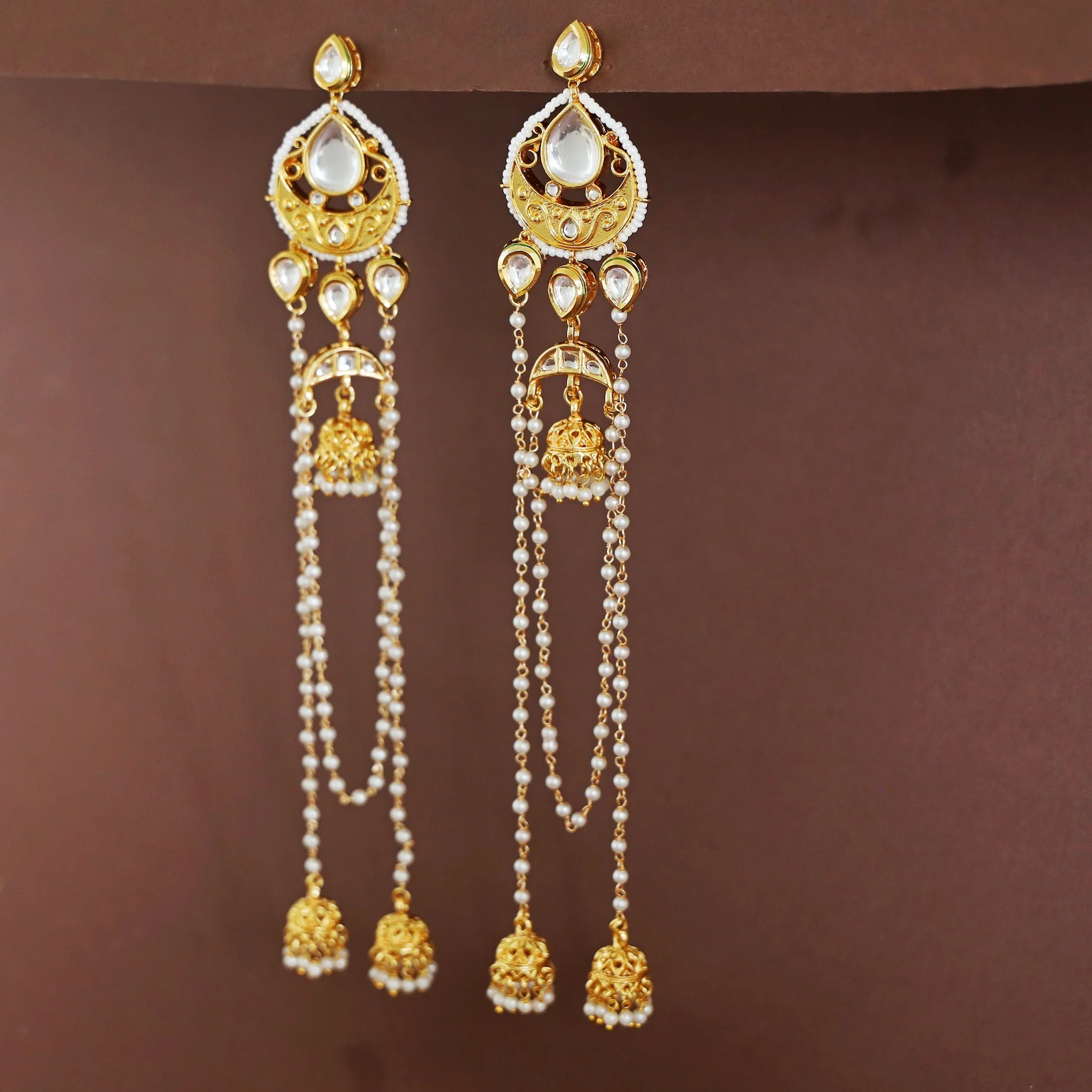 Gabriella Kundan Pearl Hanging Kashmiri Jhumka Earring - Image 4