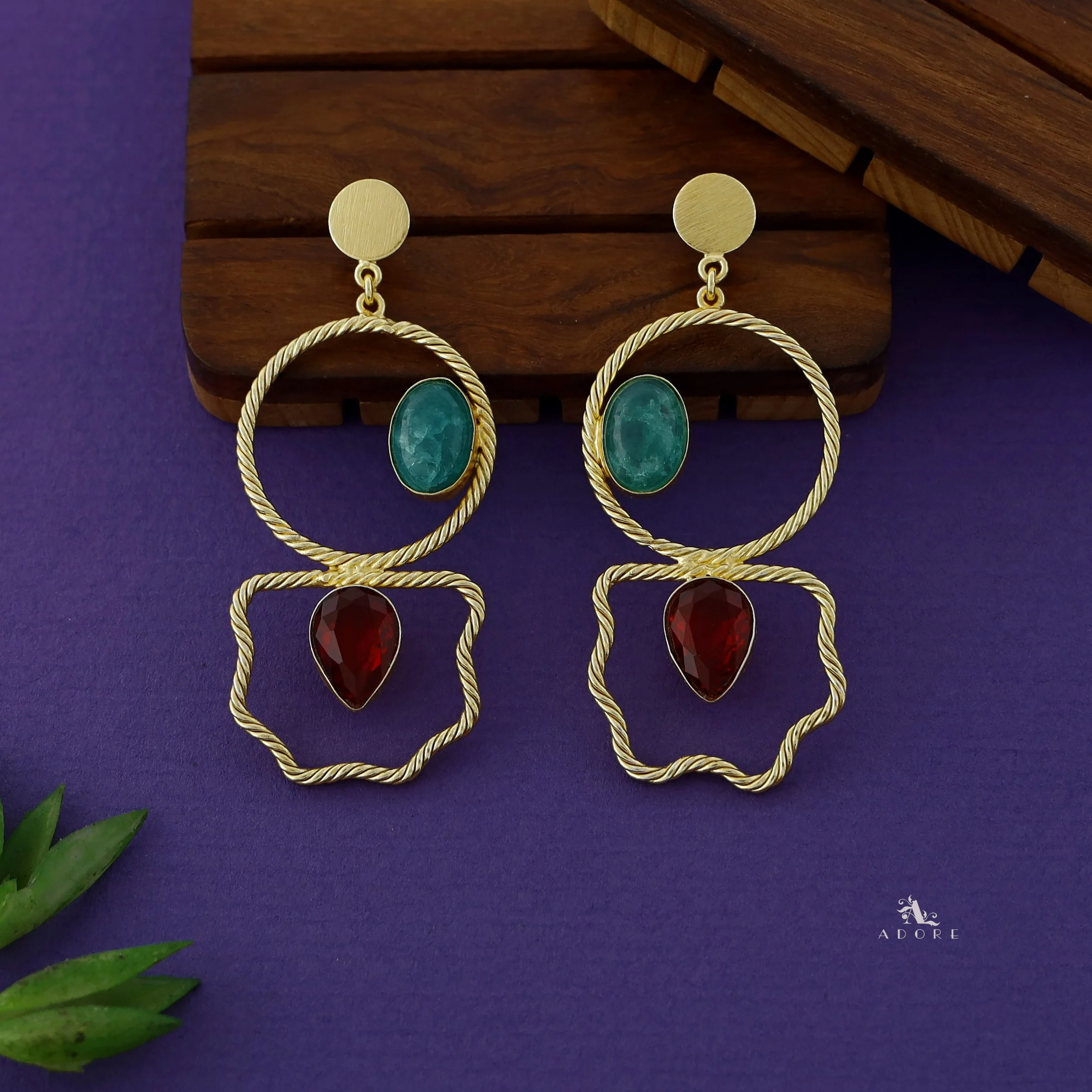 Galleria Twisted Golden Circle Glossy Stone Earring - Image 2