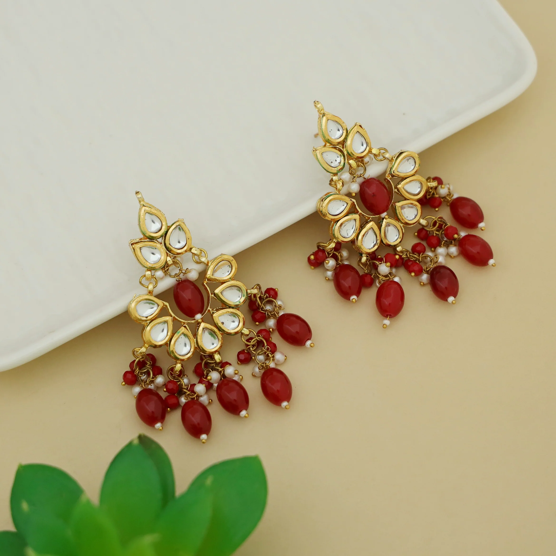 Gayavi Beaded Cluster Pearl Kundan Chandbali Earring - Image 2