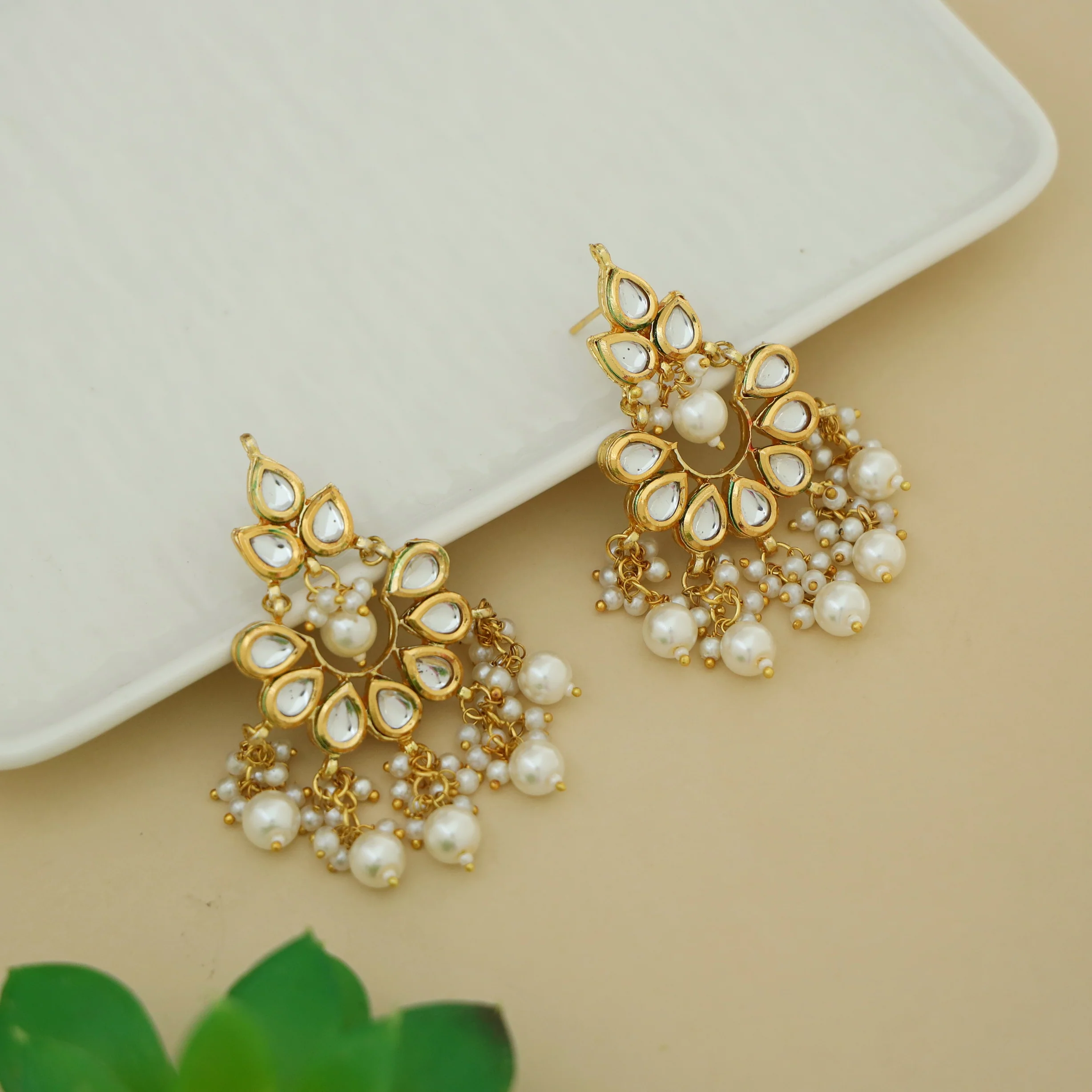 Gayavi Beaded Cluster Pearl Kundan Chandbali Earring - Image 4