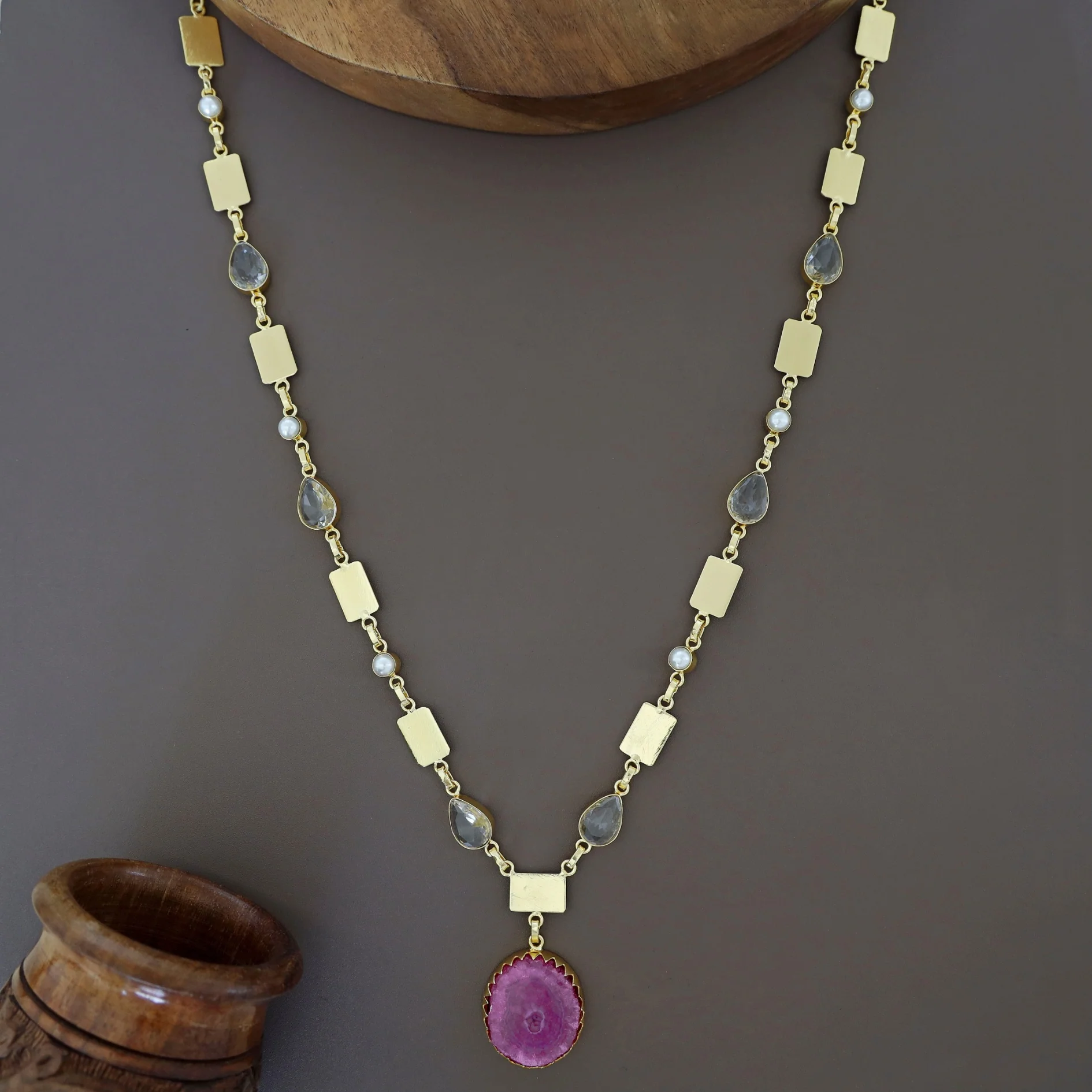 Gertie Golden Pearl Glossy + Agate Stone Long Neckpiece - Image 14