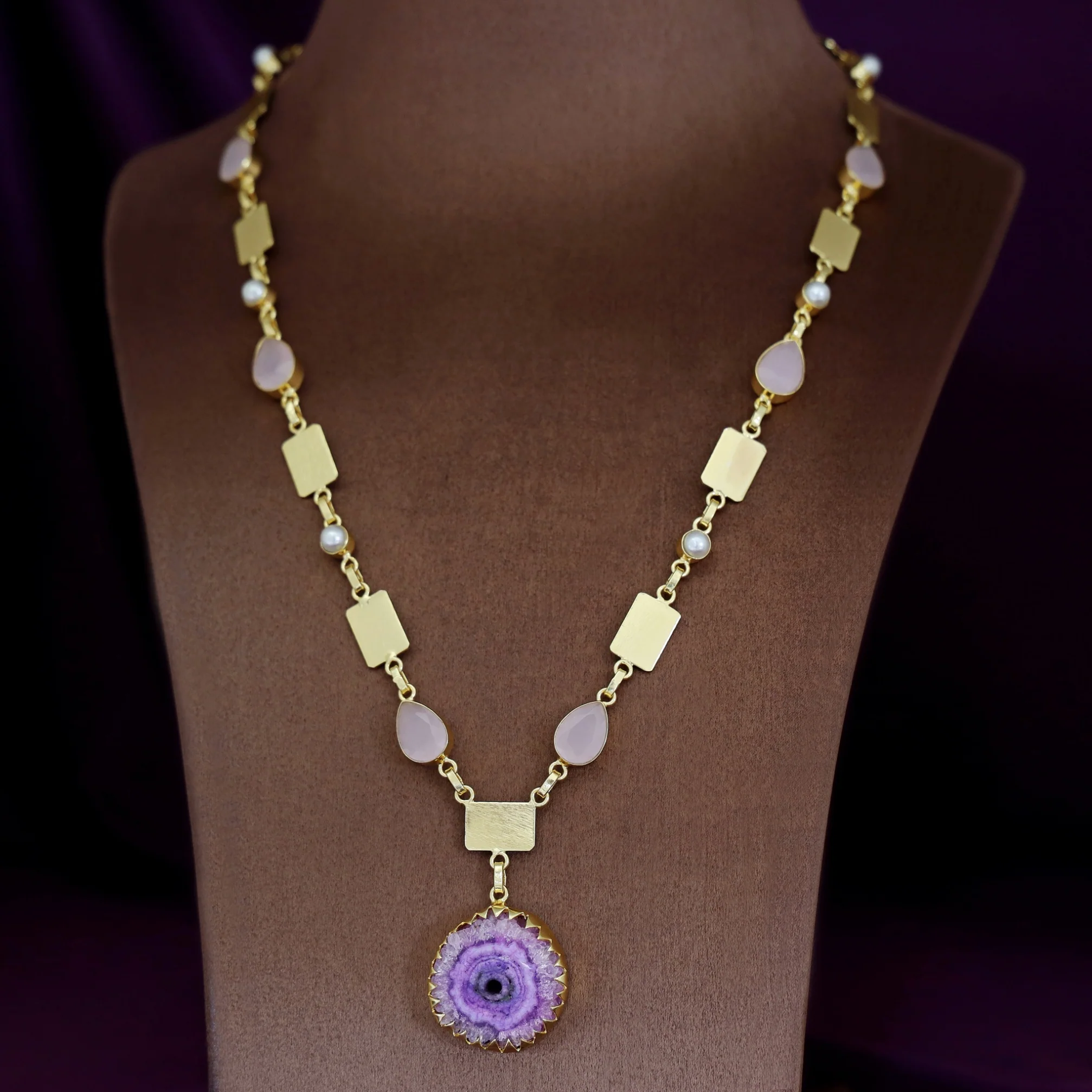 Gertie Golden Pearl Glossy + Agate Stone Long Neckpiece - Image 2