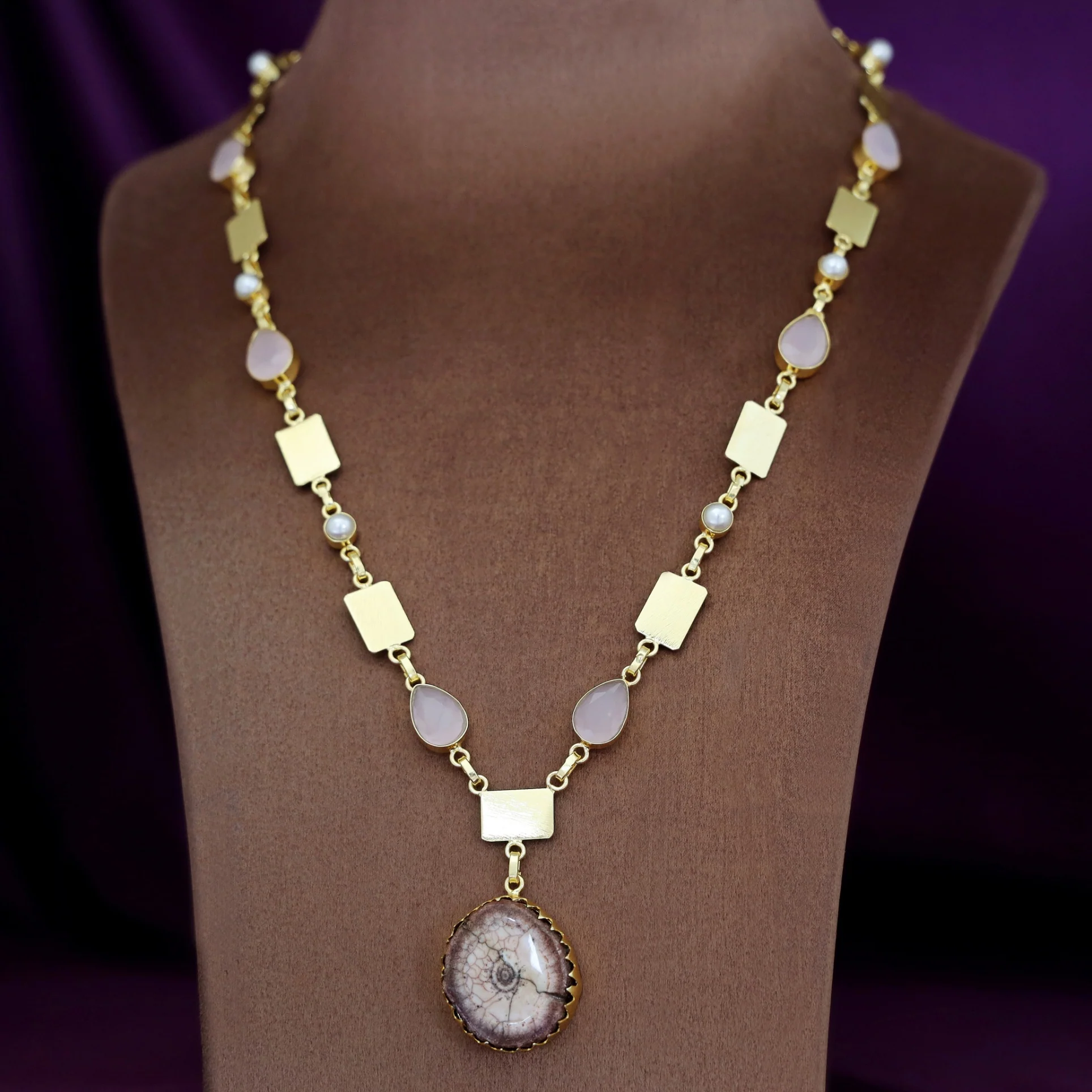Gertie Golden Pearl Glossy + Agate Stone Long Neckpiece - Image 4
