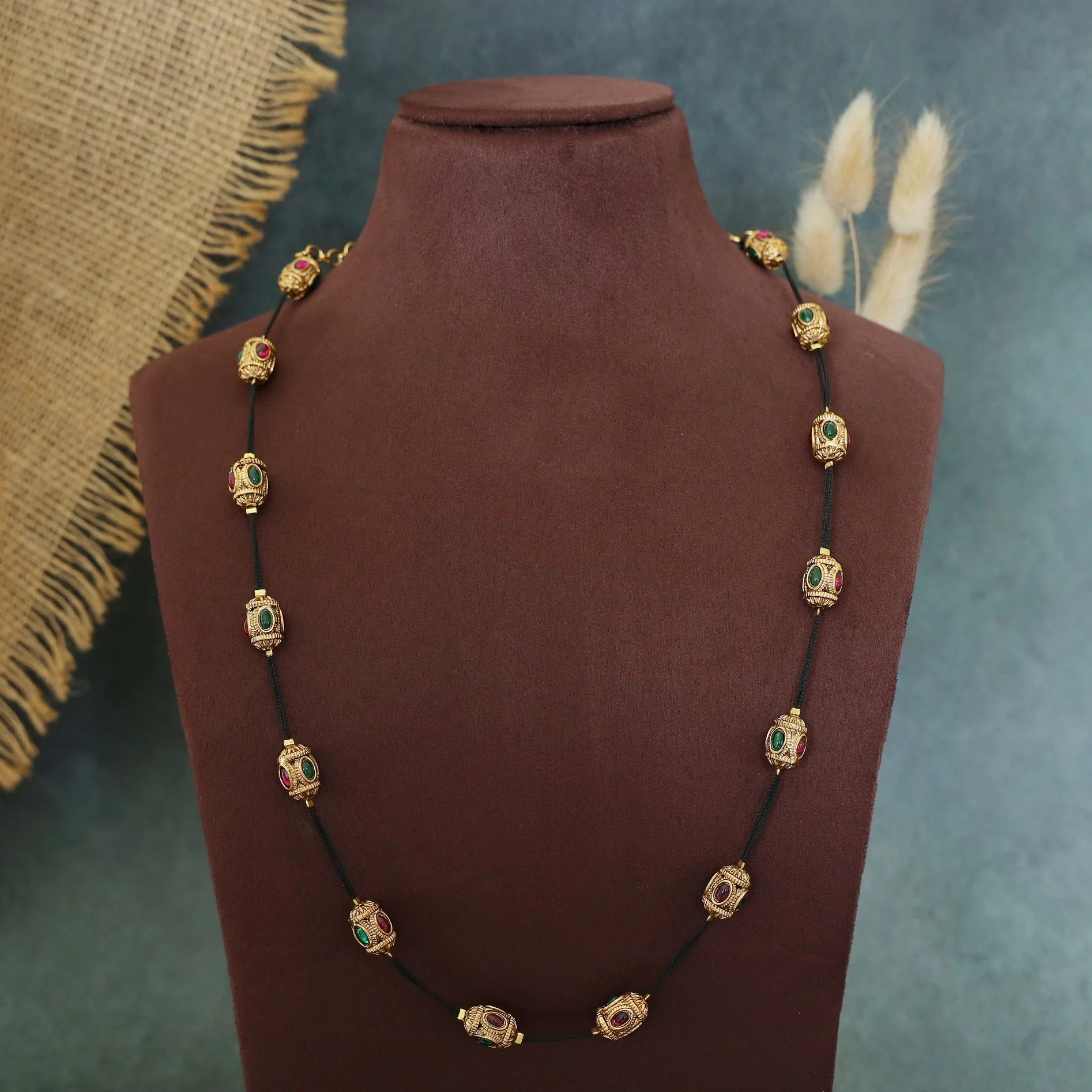 Gitali Golden Bead Oval Glossy Black Thread Long Neckpiece With Stud - Image 2