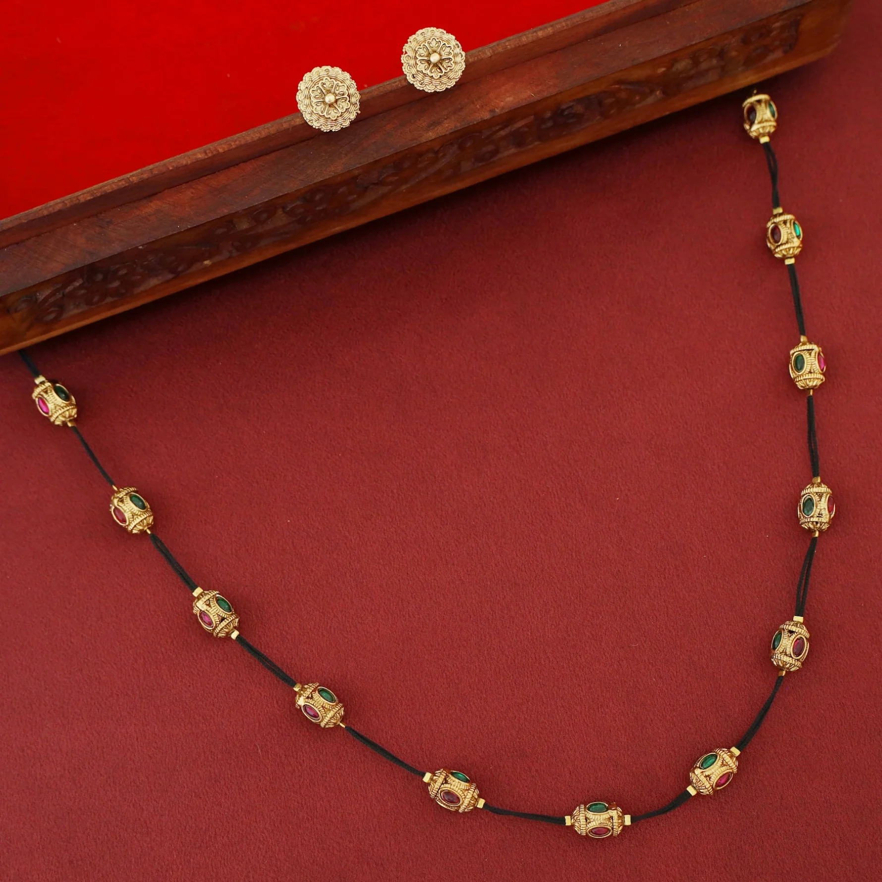 Gitali Golden Bead Oval Glossy Black Thread Long Neckpiece With Stud - Image 3