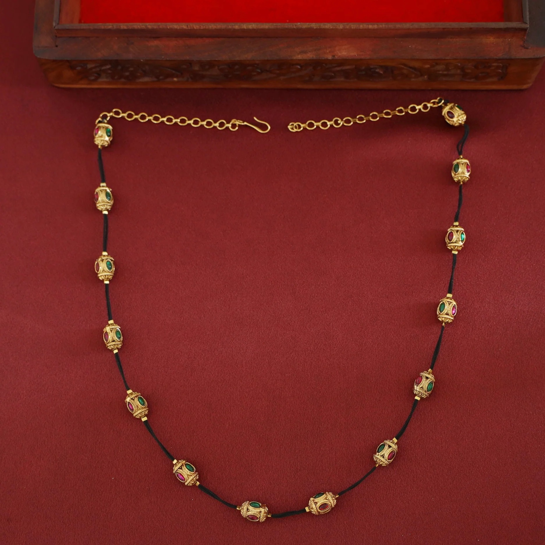 Gitali Golden Bead Oval Glossy Black Thread Long Neckpiece With Stud - Image 4
