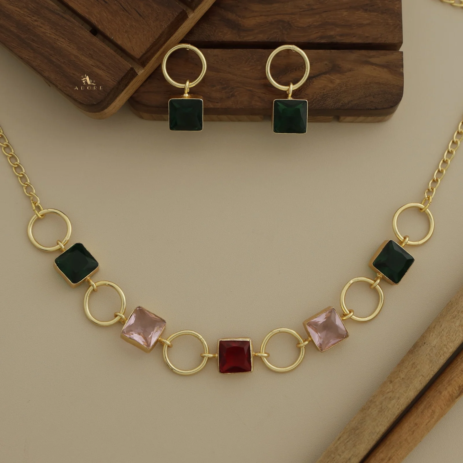 Glossy Anayra Golden Circle And Square Neckpiece With Earring - Image 13