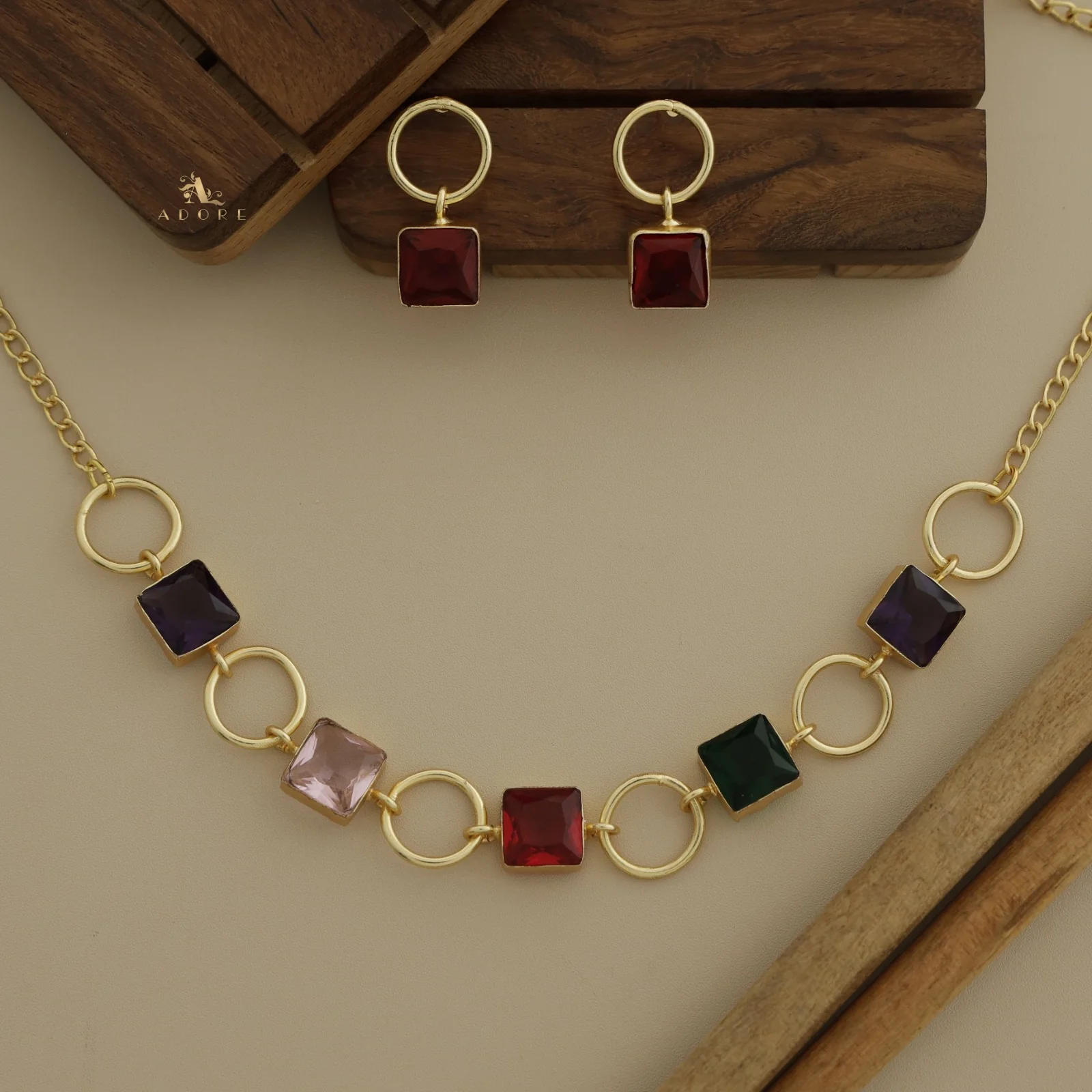Glossy Anayra Golden Circle And Square Neckpiece With Earring - Image 16