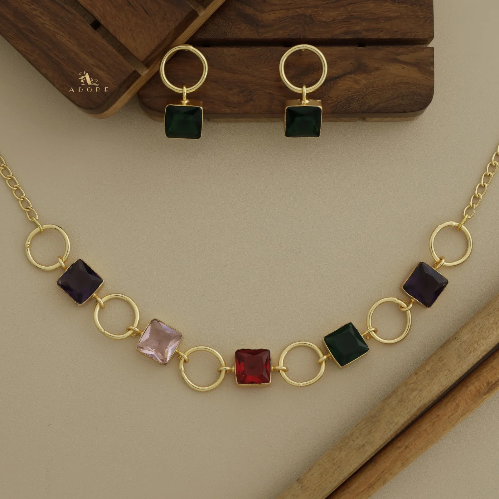Glossy Anayra Golden Circle And Square Neckpiece With Earring - Image 18