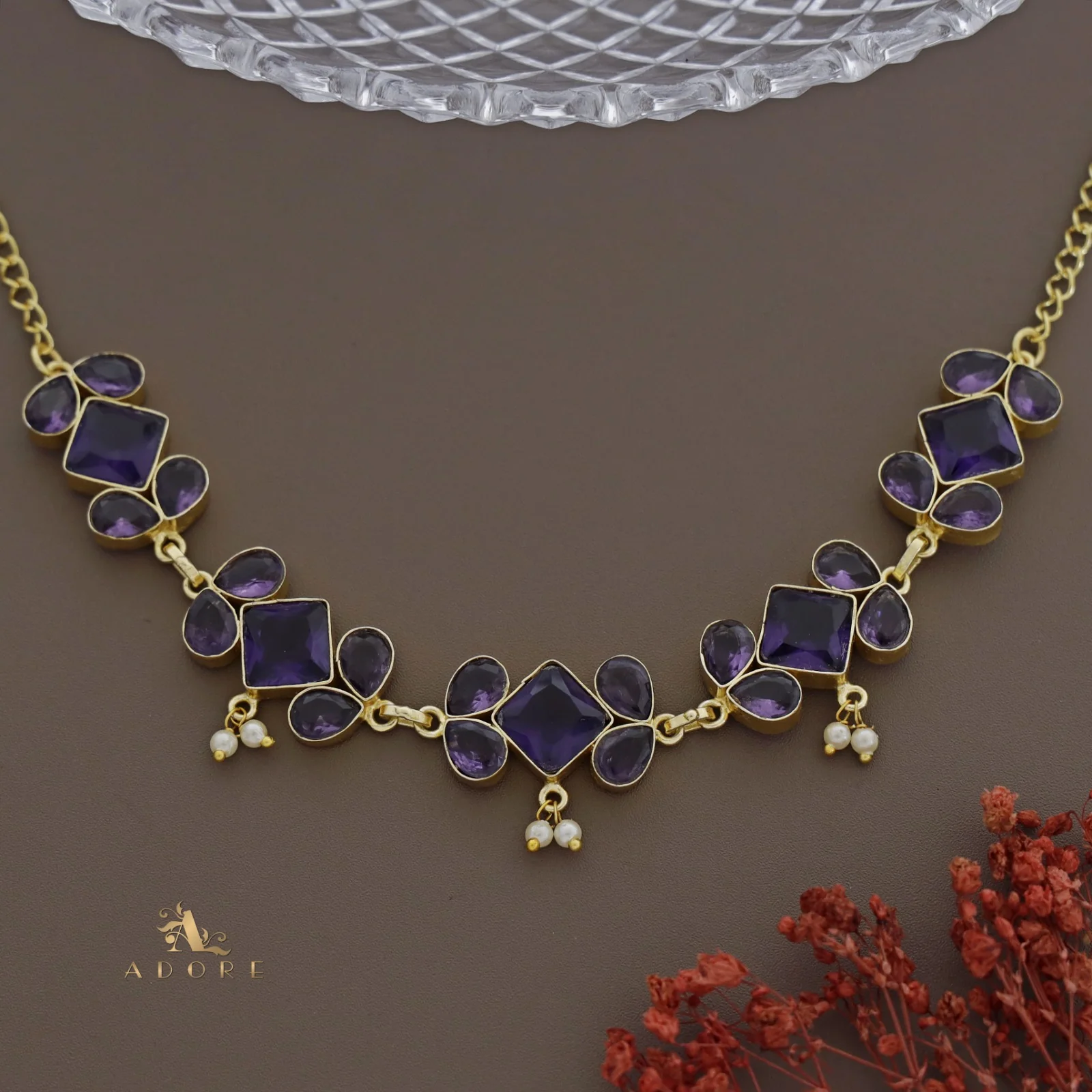 Glossy Diamond And Drop Pearl Choker - Image 4