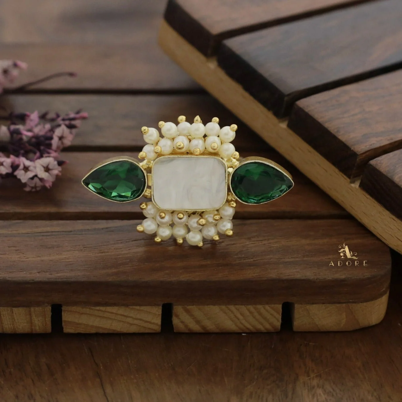 Glossy Krizva MOP Rectangle Cluster Pearl Ring - Image 10