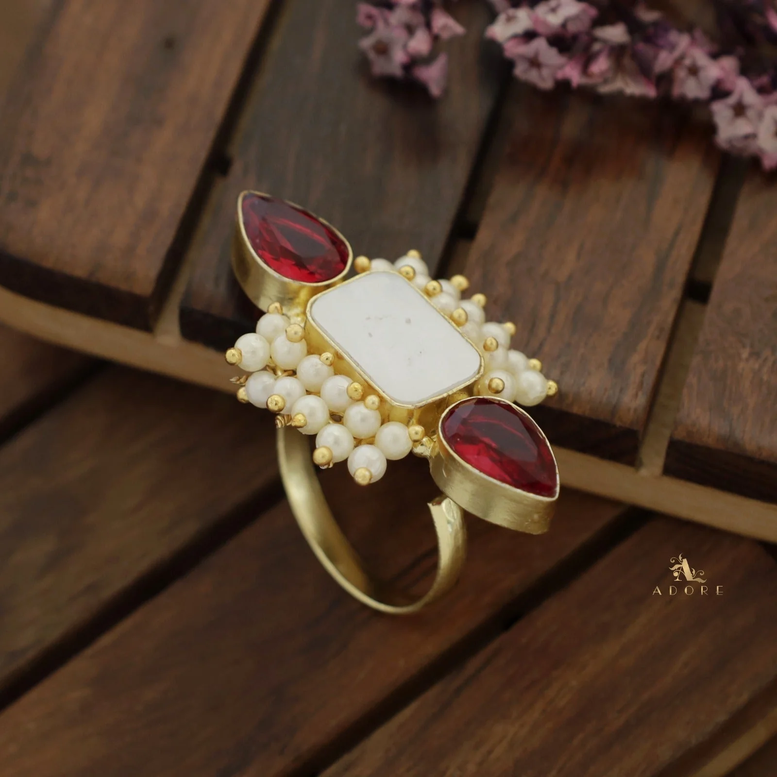 Glossy Krizva MOP Rectangle Cluster Pearl Ring - Image 15