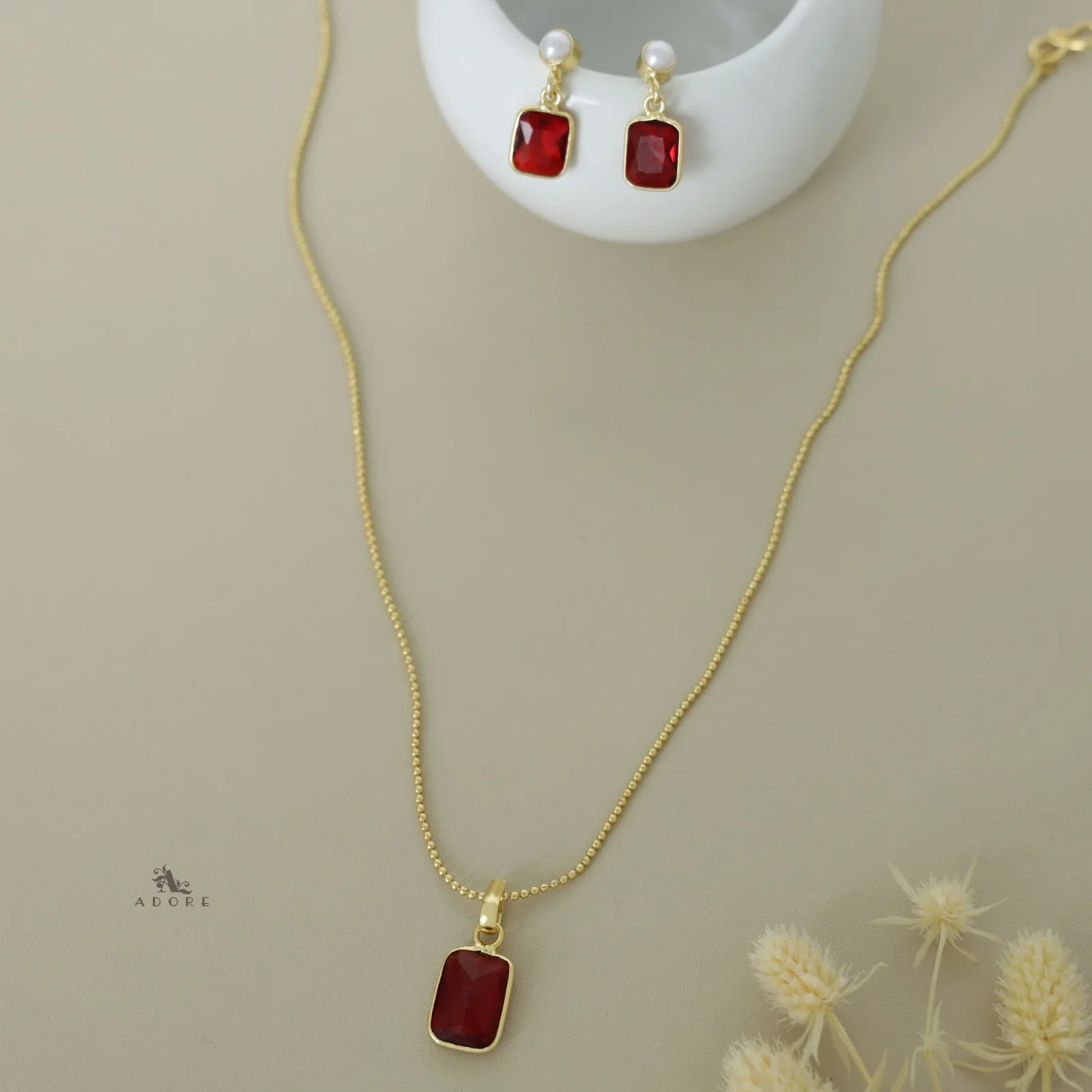 Glossy Rectangle Ball Chain Neckpiece with Pearl Earring - Image 12