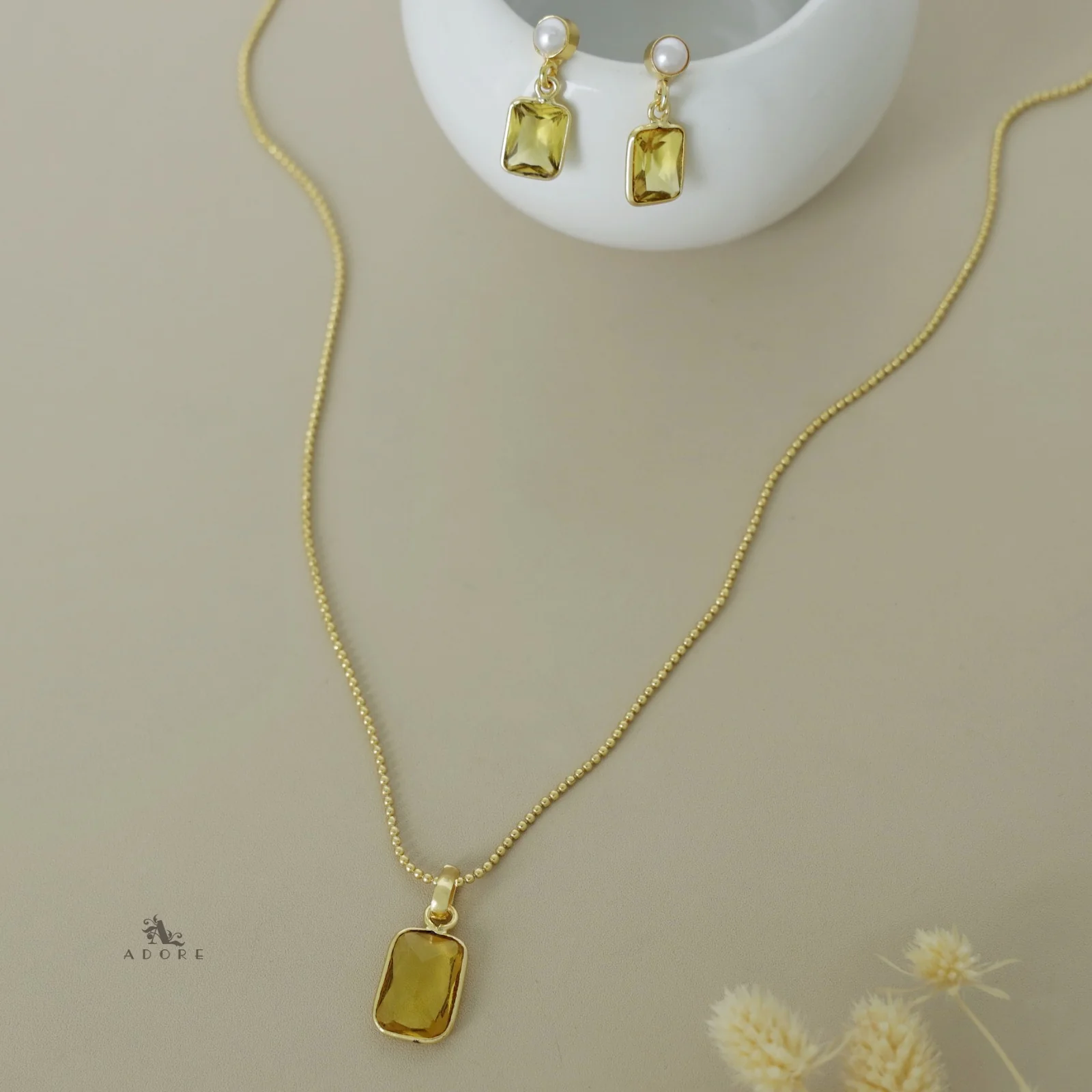 Glossy Rectangle Ball Chain Neckpiece with Pearl Earring - Image 13