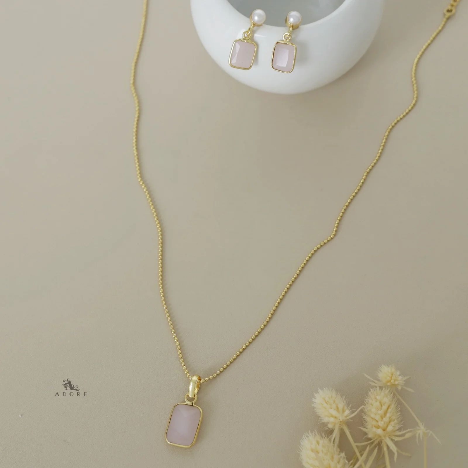 Glossy Rectangle Ball Chain Neckpiece with Pearl Earring - Image 14